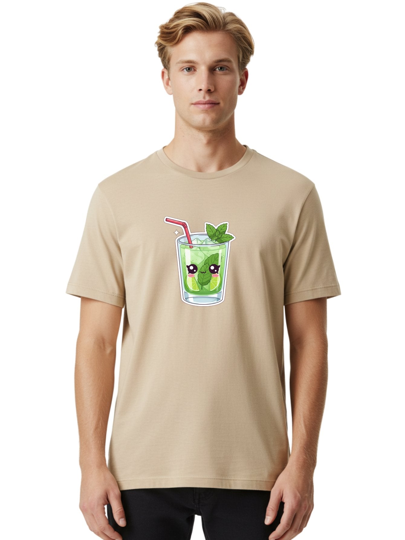 Mojito Men'S Graphic Tee, 100% Cotton, Comfortable Casual Summer Wear, Machine Washable, Mojito Cocktail, Refreshing Drink, Lime Wedges, Mint Leaves, Cartoon Style, Cute Characters, Summer Vibes, Pink Straw, Fun Illustration, Kawaii Design, Bad333 25