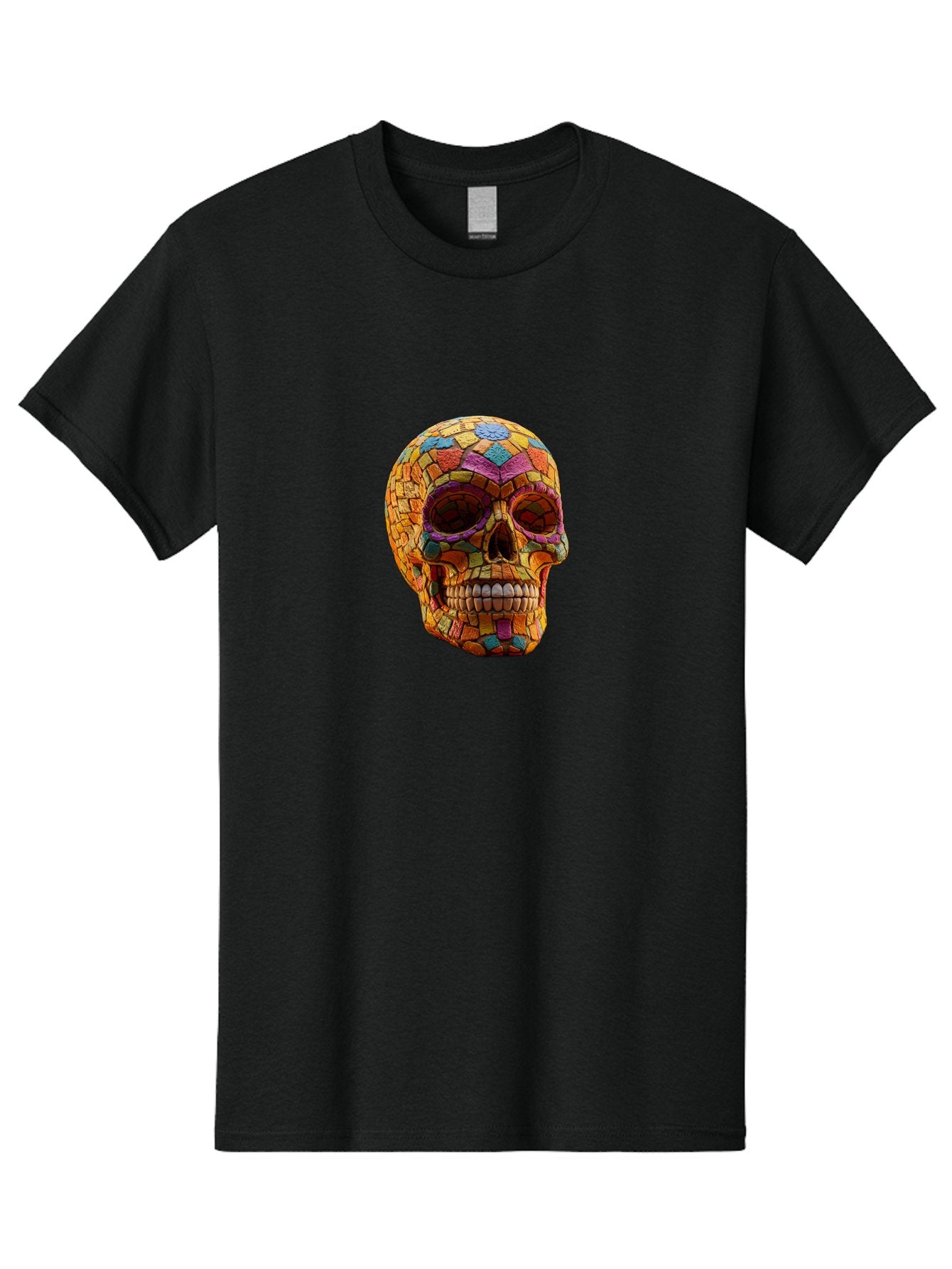 Mosaic-Sugar-Skull Men'S Graphic Tee, 100% Cotton, Comfortable Casual Summer Wear, Machine Washable, Sugar Skull, Mosaic Art, Colorful Tiles, Vibrant Colors, Festive Decoration, Day Of The Dead, Cultural Heritage, Folk Art, Skull Decoration Bad339 13