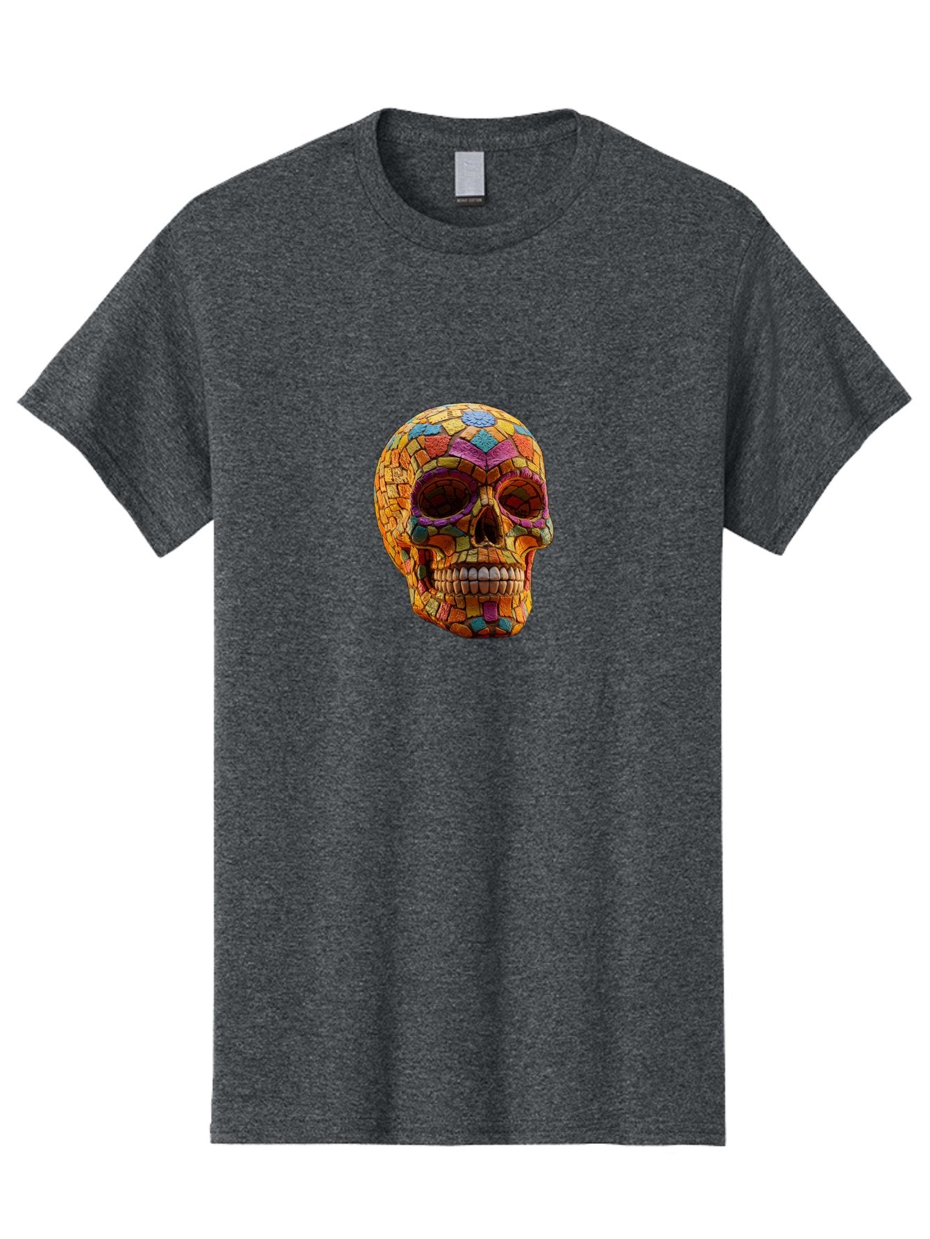 Mosaic-Sugar-Skull Men'S Graphic Tee, 100% Cotton, Comfortable Casual Summer Wear, Machine Washable, Sugar Skull, Mosaic Art, Colorful Tiles, Vibrant Colors, Festive Decoration, Day Of The Dead, Cultural Heritage, Folk Art, Skull Decoration Bad339 15