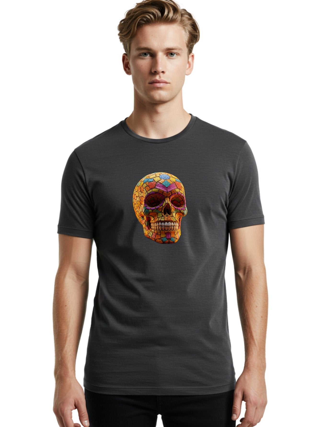 Mosaic-Sugar-Skull Men'S Graphic Tee, 100% Cotton, Comfortable Casual Summer Wear, Machine Washable, Sugar Skull, Mosaic Art, Colorful Tiles, Vibrant Colors, Festive Decoration, Day Of The Dead, Cultural Heritage, Folk Art, Skull Decoration Bad339 30
