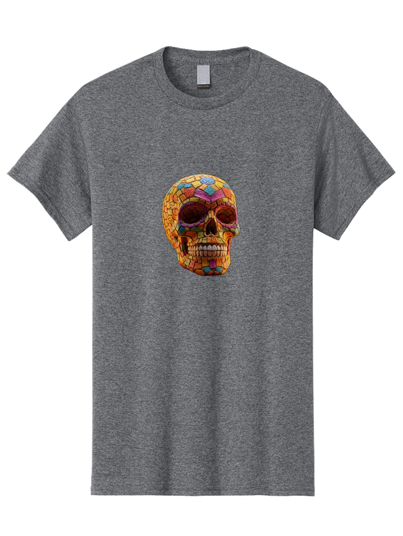 Mosaic-Sugar-Skull Men'S Graphic Tee, 100% Cotton, Comfortable Casual Summer Wear, Machine Washable, Sugar Skull, Mosaic Art, Colorful Tiles, Vibrant Colors, Festive Decoration, Day Of The Dead, Cultural Heritage, Folk Art, Skull Decoration Bad339 4