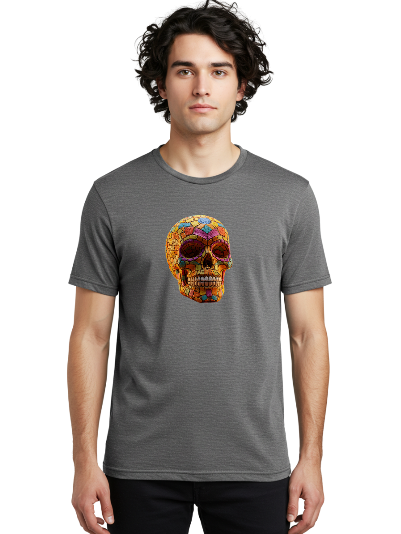 Mosaic-Sugar-Skull Men'S Graphic Tee, 100% Cotton, Comfortable Casual Summer Wear, Machine Washable, Sugar Skull, Mosaic Art, Colorful Tiles, Vibrant Colors, Festive Decoration, Day Of The Dead, Cultural Heritage, Folk Art, Skull Decoration Bad339 27