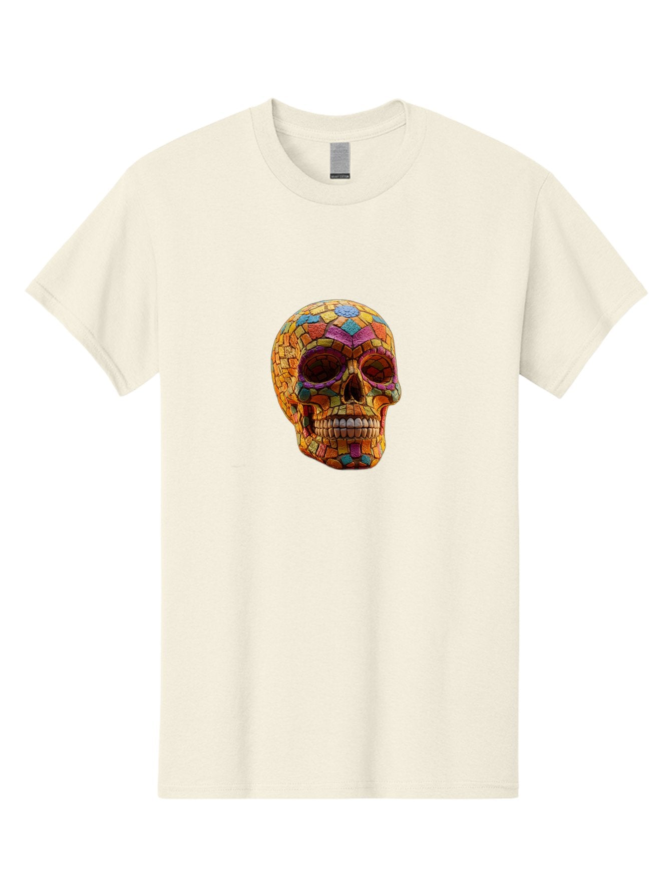 Mosaic-Sugar-Skull Men'S Graphic Tee, 100% Cotton, Comfortable Casual Summer Wear, Machine Washable, Sugar Skull, Mosaic Art, Colorful Tiles, Vibrant Colors, Festive Decoration, Day Of The Dead, Cultural Heritage, Folk Art, Skull Decoration Bad339 12