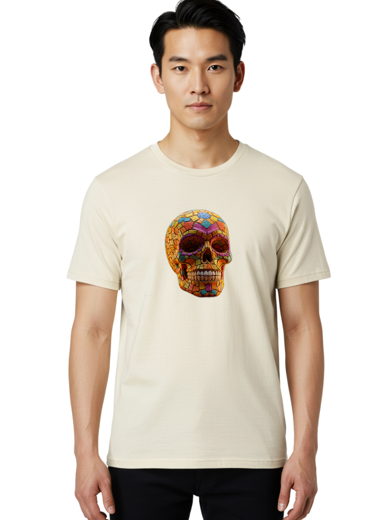 Mosaic-Sugar-Skull Men'S Graphic Tee, 100% Cotton, Comfortable Casual Summer Wear, Machine Washable, Sugar Skull, Mosaic Art, Colorful Tiles, Vibrant Colors, Festive Decoration, Day Of The Dead, Cultural Heritage, Folk Art, Skull Decoration Bad339 18