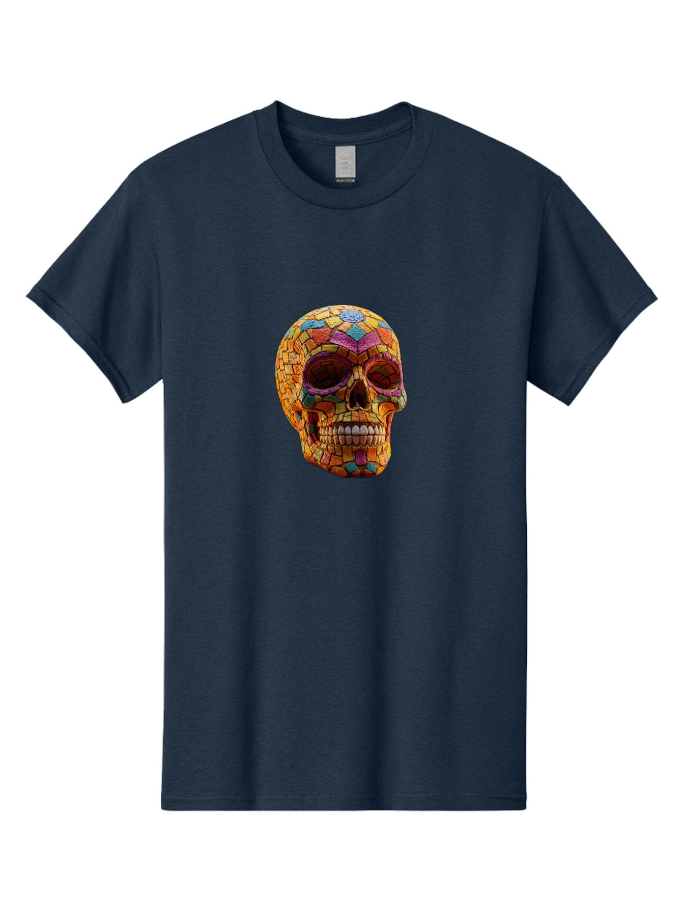 Mosaic-Sugar-Skull Men'S Graphic Tee, 100% Cotton, Comfortable Casual Summer Wear, Machine Washable, Sugar Skull, Mosaic Art, Colorful Tiles, Vibrant Colors, Festive Decoration, Day Of The Dead, Cultural Heritage, Folk Art, Skull Decoration Bad339 3