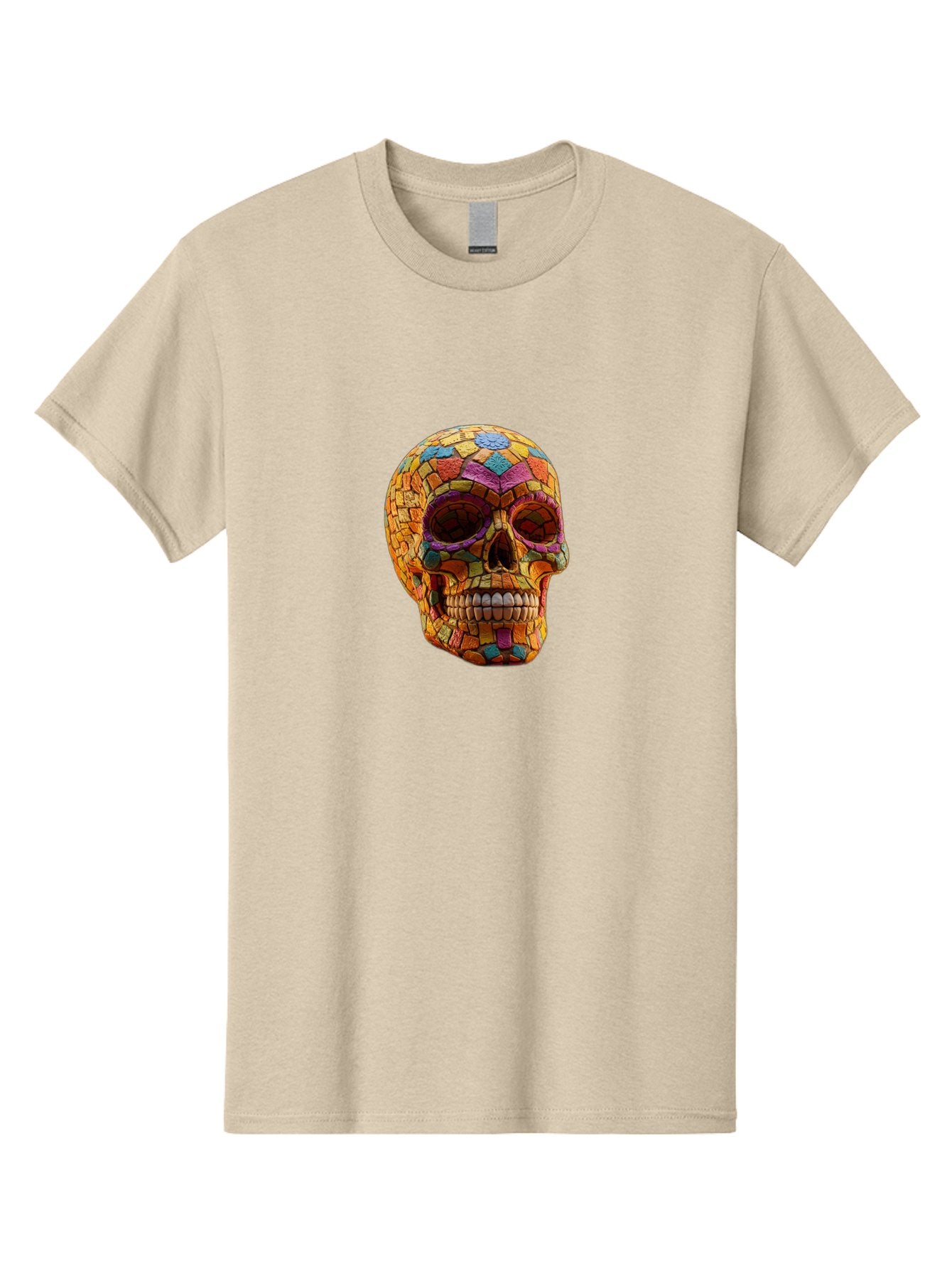 Mosaic-Sugar-Skull Men'S Graphic Tee, 100% Cotton, Comfortable Casual Summer Wear, Machine Washable, Sugar Skull, Mosaic Art, Colorful Tiles, Vibrant Colors, Festive Decoration, Day Of The Dead, Cultural Heritage, Folk Art, Skull Decoration Bad339