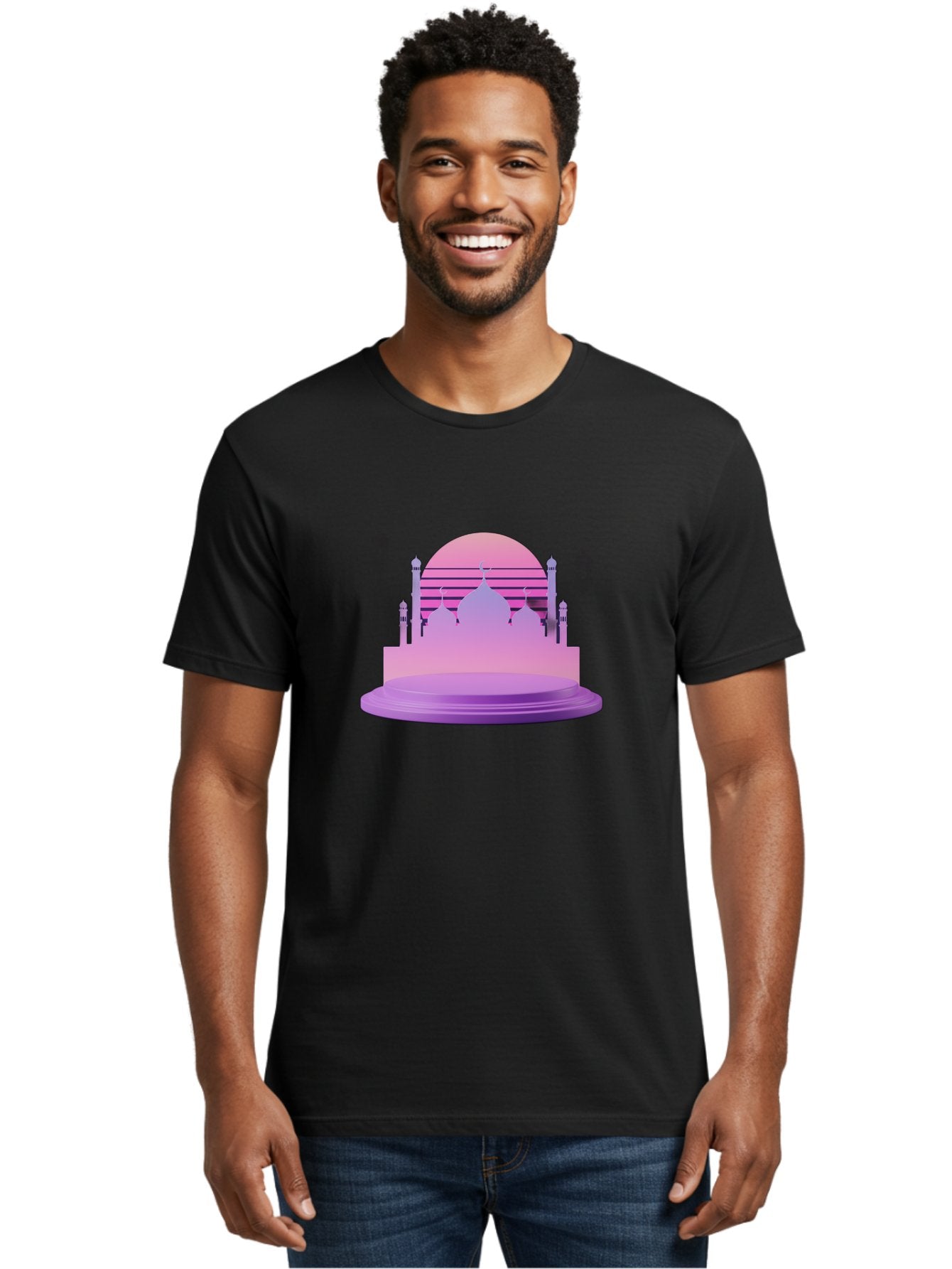 Mosque-Silhouette-1 Men'S Graphic Tee, 100% Cotton, Comfortable Casual Summer Wear, Machine Washable, Mosque Silhouette, Islamic Architecture, Cultural Heritage, Serene Atmosphere, Minimalist Design, Vibrant Colors, Peaceful Ambiance, Bad341 25