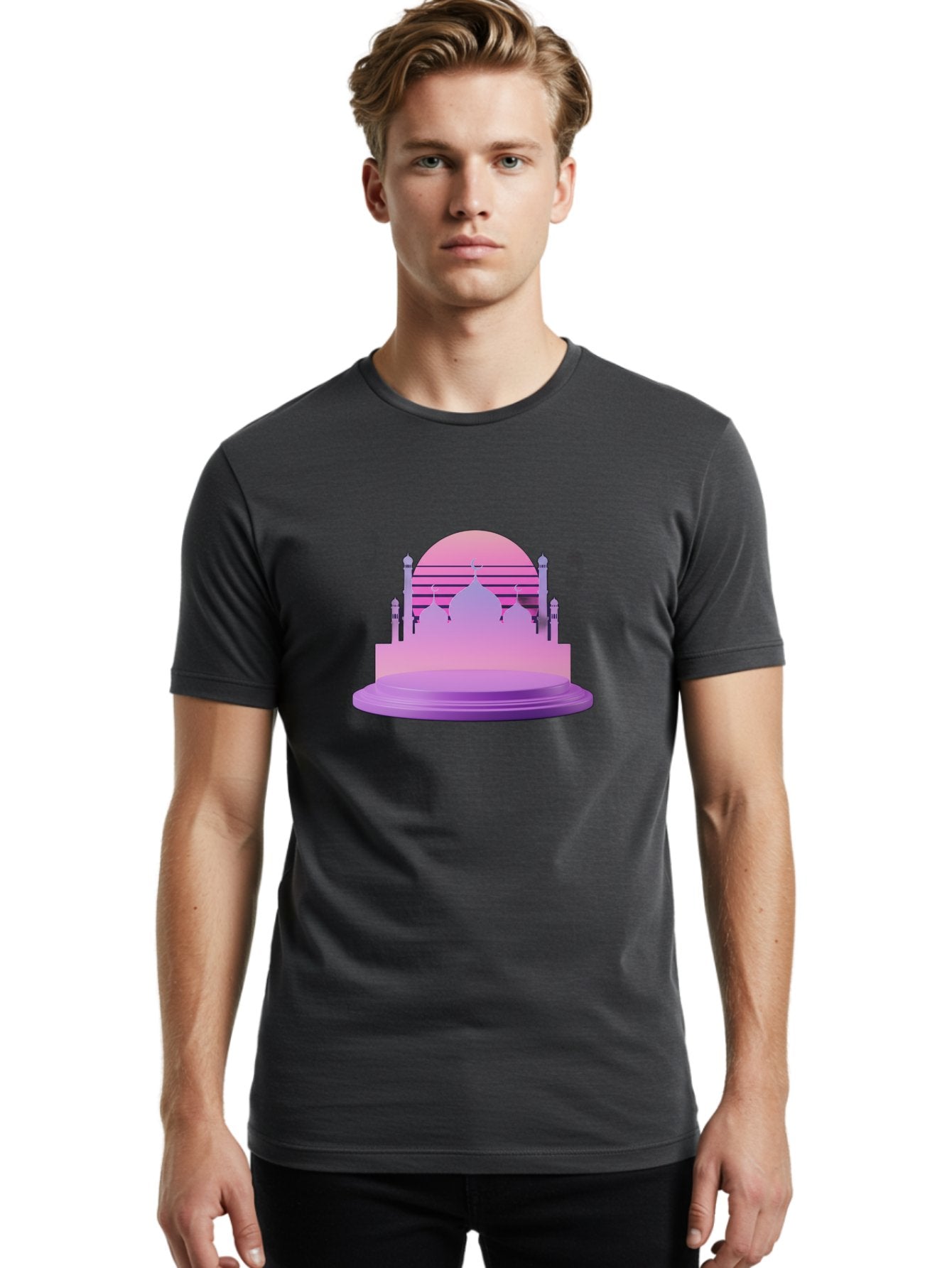 Mosque-Silhouette-1 Men'S Graphic Tee, 100% Cotton, Comfortable Casual Summer Wear, Machine Washable, Mosque Silhouette, Islamic Architecture, Cultural Heritage, Serene Atmosphere, Minimalist Design, Vibrant Colors, Peaceful Ambiance, Bad341 29