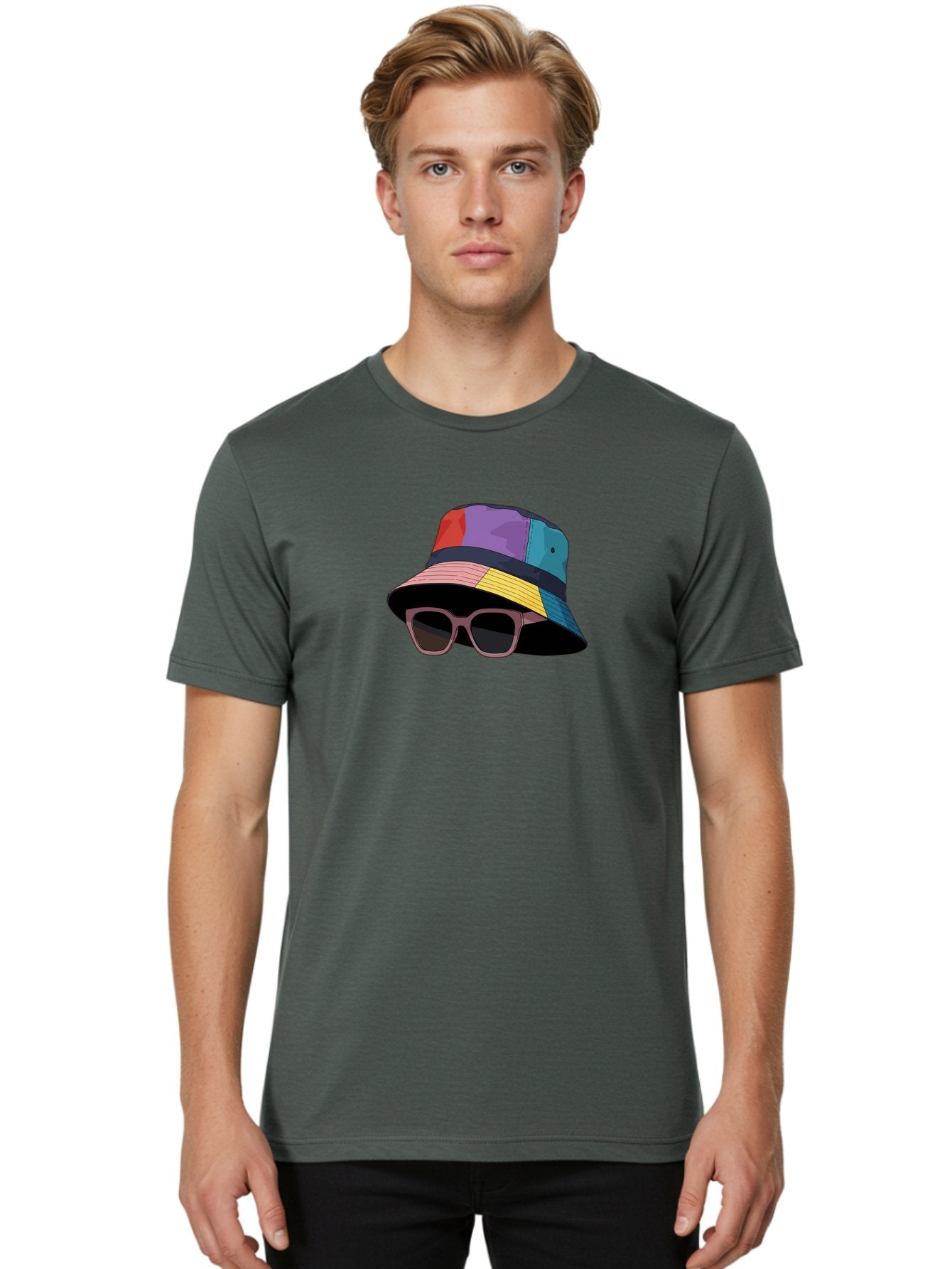 Multicolored-Bucket-Hat Men'S Graphic Tee, 100% Cotton, Comfortable Casual Summer Wear, Machine Washable, Patchwork Bucket Hat, Colorful Hat, Sunglasses Accessory, Fashion Statement, Streetwear Style, Vibrant Colors, Trendy Accessory, Bad344 18