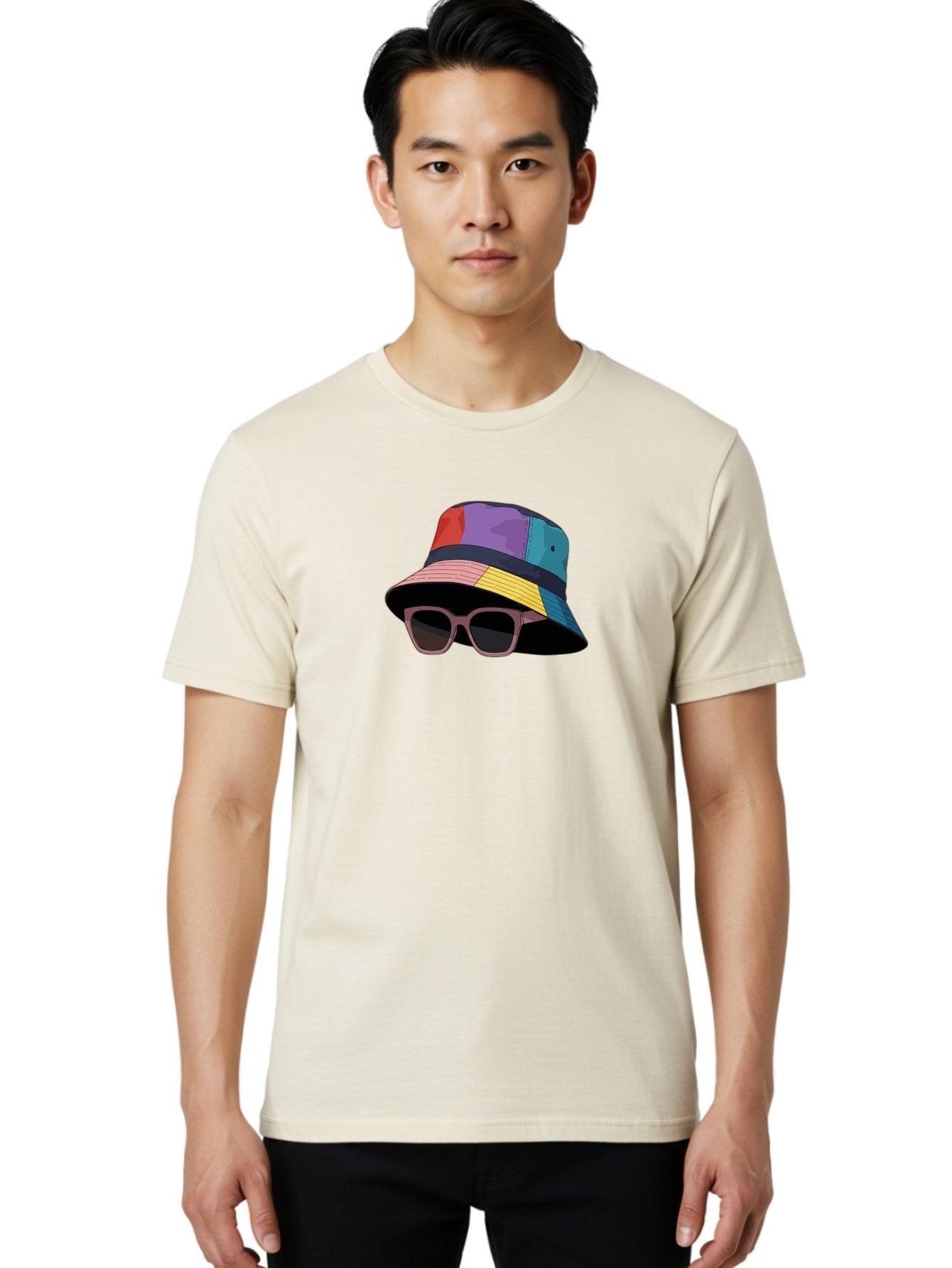 Multicolored-Bucket-Hat Men'S Graphic Tee, 100% Cotton, Comfortable Casual Summer Wear, Machine Washable, Patchwork Bucket Hat, Colorful Hat, Sunglasses Accessory, Fashion Statement, Streetwear Style, Vibrant Colors, Trendy Accessory, Bad344 29