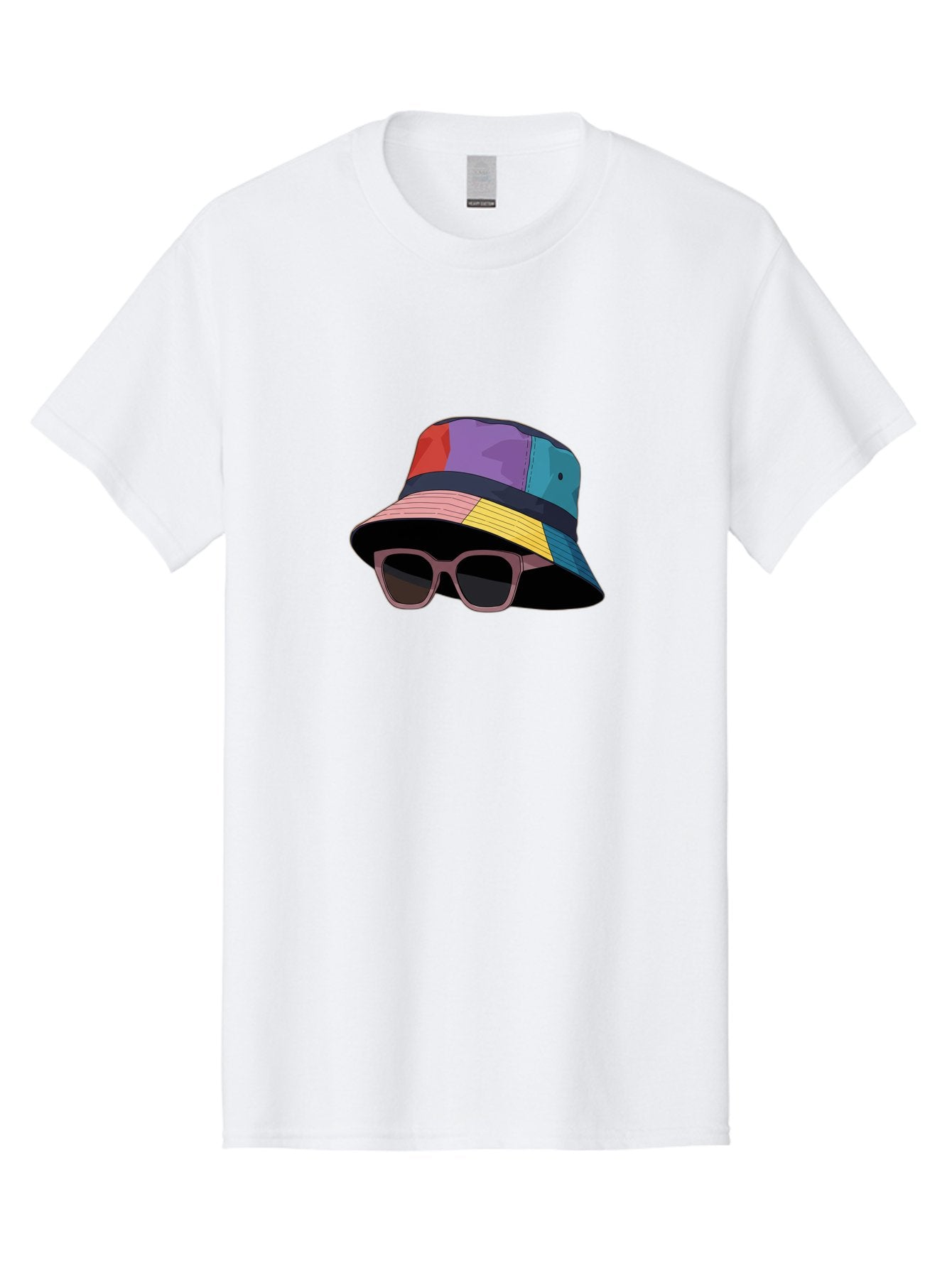 Multicolored-Bucket-Hat Men'S Graphic Tee, 100% Cotton, Comfortable Casual Summer Wear, Machine Washable, Patchwork Bucket Hat, Colorful Hat, Sunglasses Accessory, Fashion Statement, Streetwear Style, Vibrant Colors, Trendy Accessory, Bad344