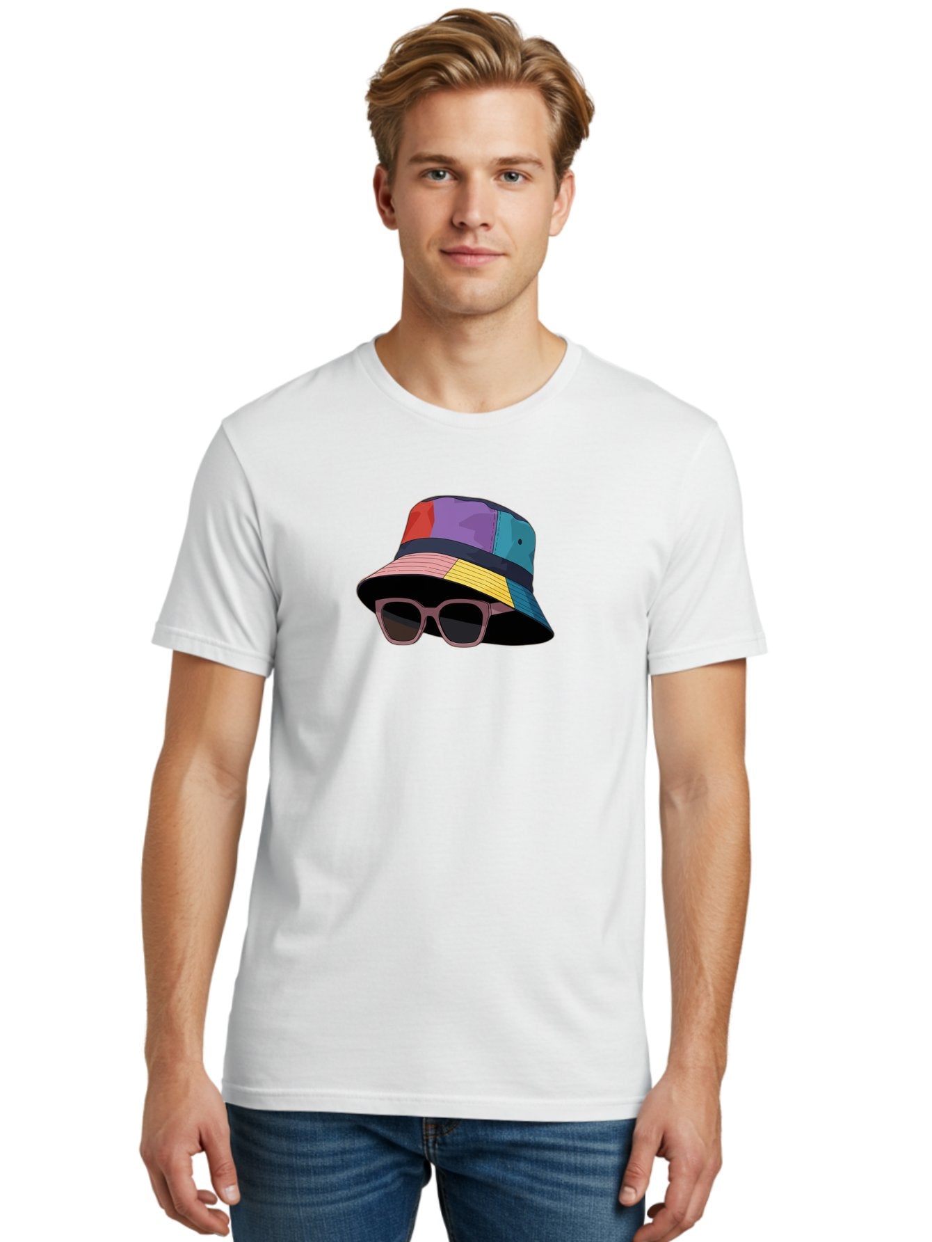 Multicolored-Bucket-Hat Men'S Graphic Tee, 100% Cotton, Comfortable Casual Summer Wear, Machine Washable, Patchwork Bucket Hat, Colorful Hat, Sunglasses Accessory, Fashion Statement, Streetwear Style, Vibrant Colors, Trendy Accessory, Bad344 19