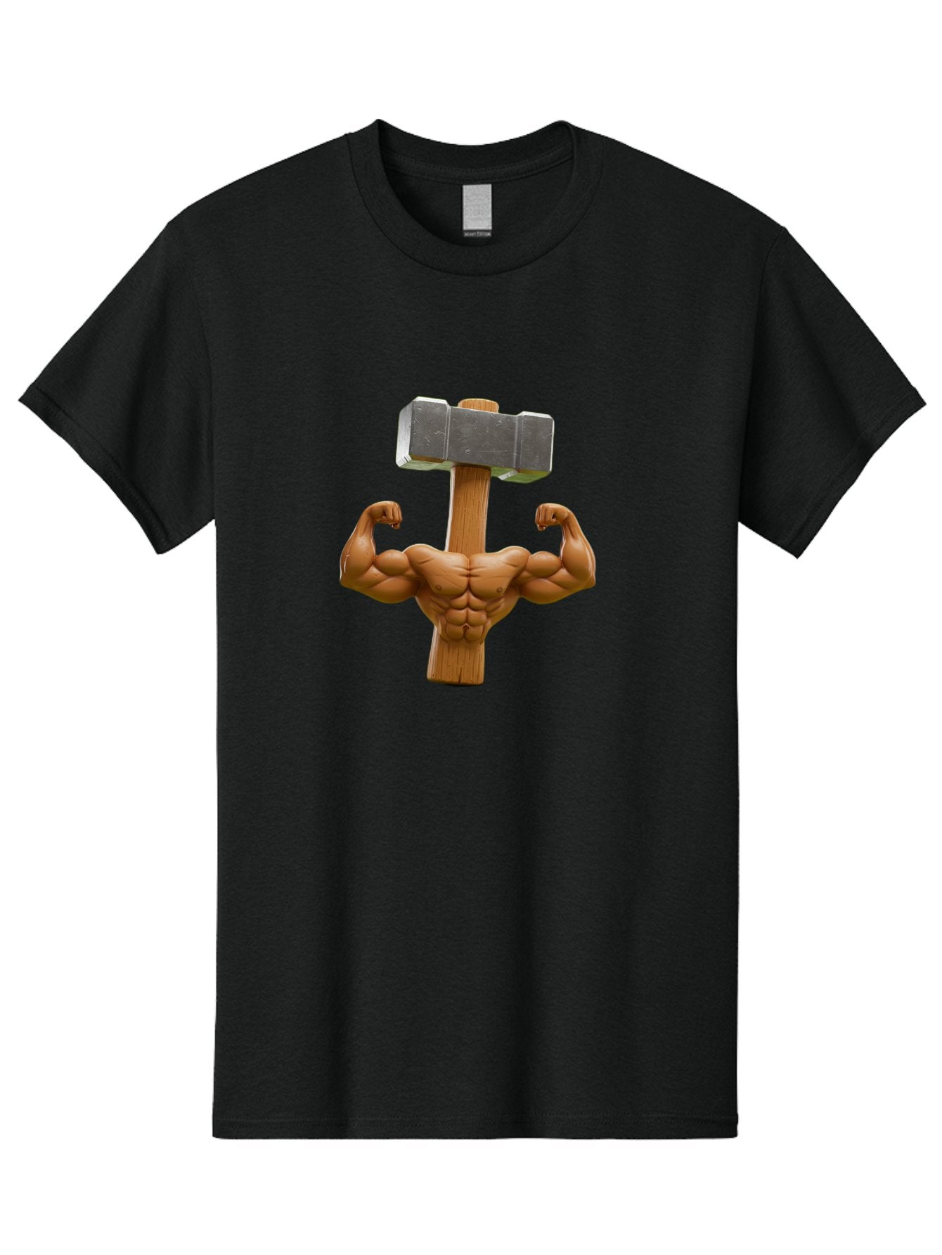 Muscular-Arm-Flexing Men'S Graphic Tee, 100% Cotton, Comfortable Casual Summer Wear, Machine Washable, Muscular Male Torso, Hammer Head, Wooden Handle, Flexed Arms, Strong Physique, Muscle Definition, Fitness, Strength Training, Bodybuilding Bad345