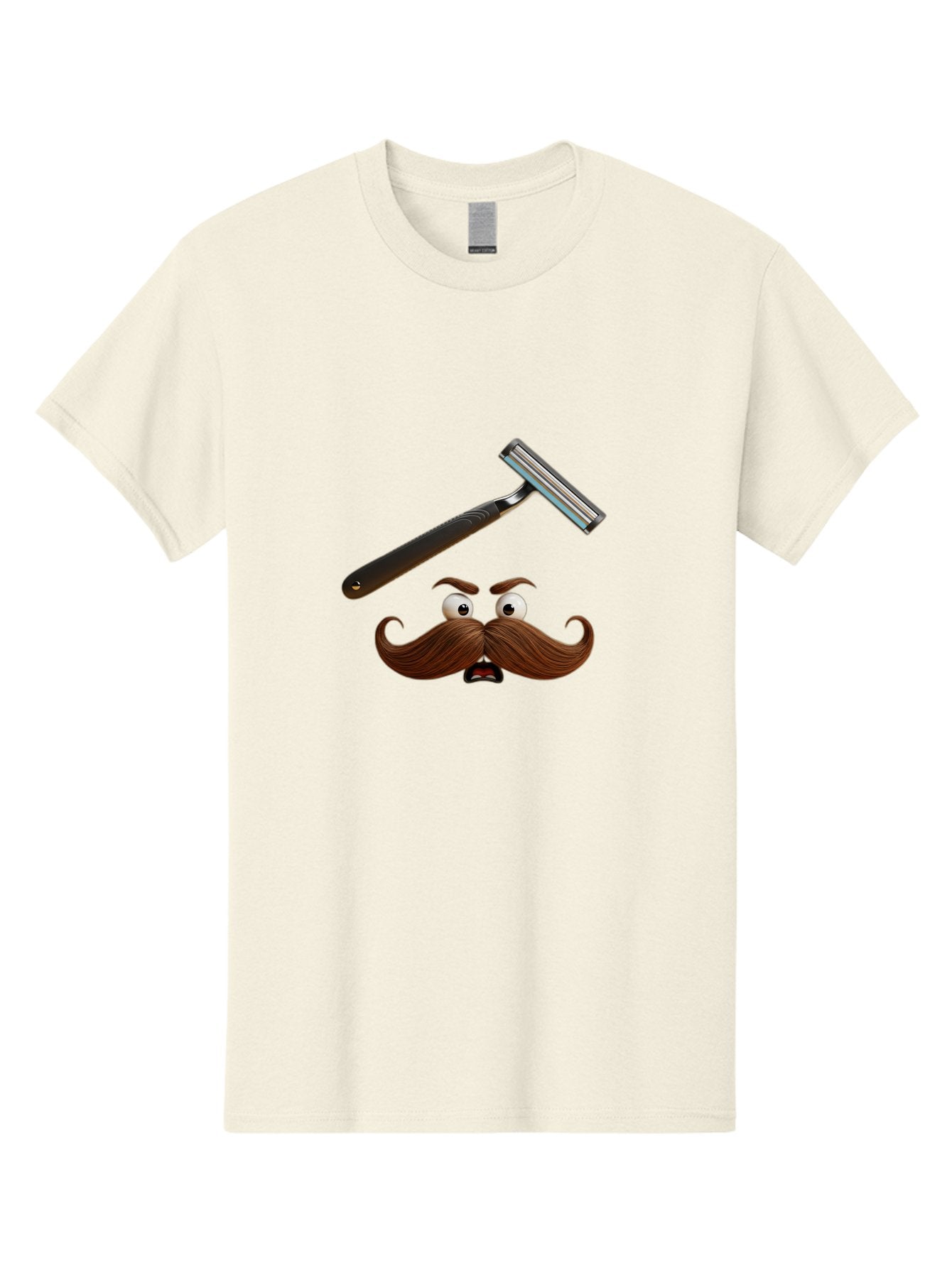 Mustache-And-Razor Men'S Graphic Tee, 100% Cotton, Comfortable Casual Summer Wear, Machine Washable, Cartoon Mustache, Shaving Razor, Facial Hair, Grooming Tools, Men'S Grooming, Shaving Supplies, Razor Blade, Mustache Character Bad346 15