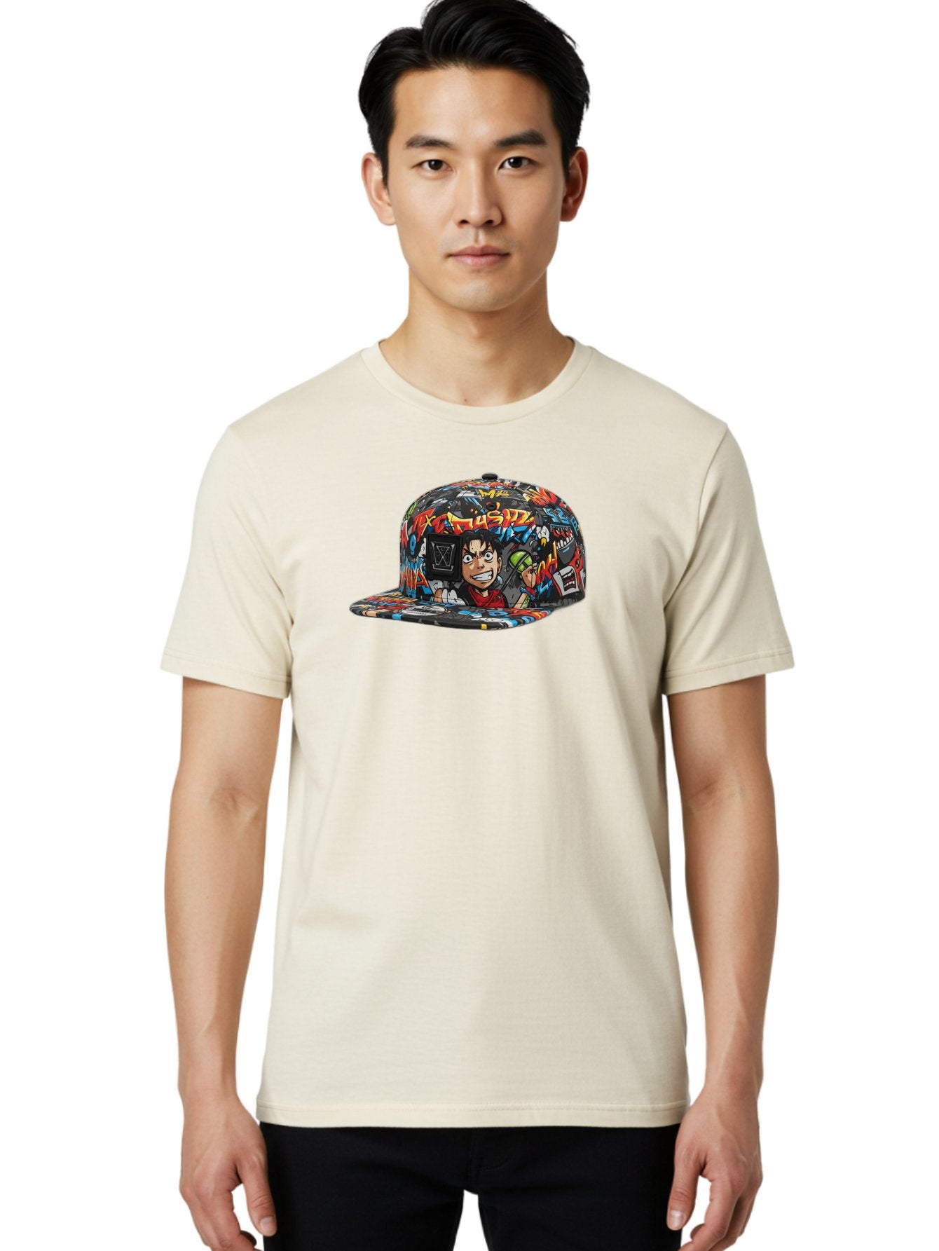 Muz7-Baseball-Cap Men'S Graphic Tee, 100% Cotton, Comfortable Casual Summer Wear, Machine Washable, Graffiti Cap, Streetwear Fashion, Colorful Hat, Urban Style, Cartoon Character, Spray Paint Can, Vibrant Colors, Edgy Design, Trendy Accessory, Bad350 23