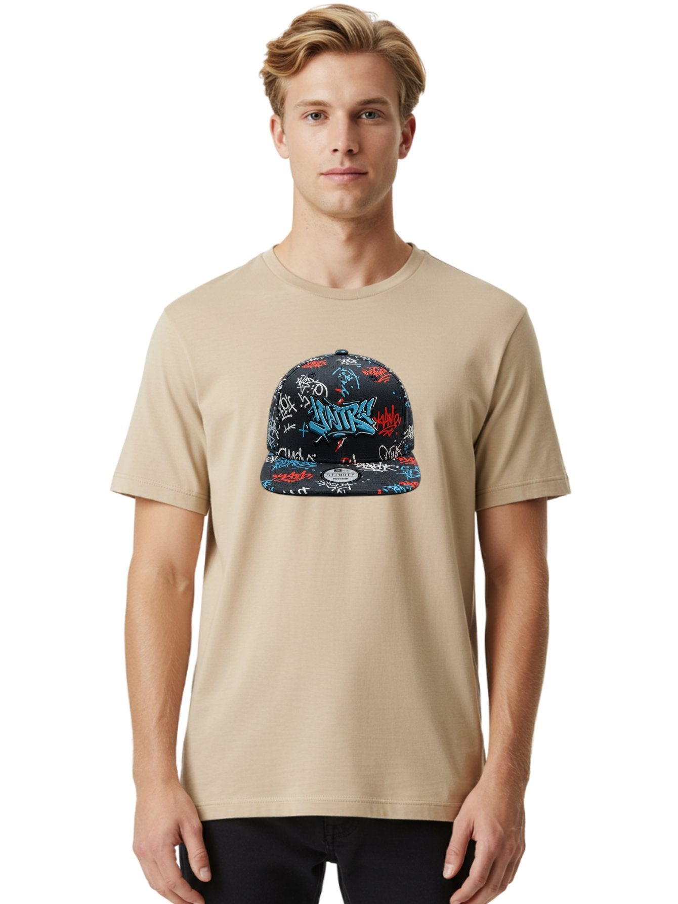 Natre-Baseball-Cap Men'S Graphic Tee, 100% Cotton, Comfortable Casual Summer Wear, Machine Washable, Graffiti Hat, Streetwear Fashion, Urban Style, Custom Hat, Baseball Cap, New Era 59Fifty, Natre Logo, Blue Red White Graffiti, Bad355 30