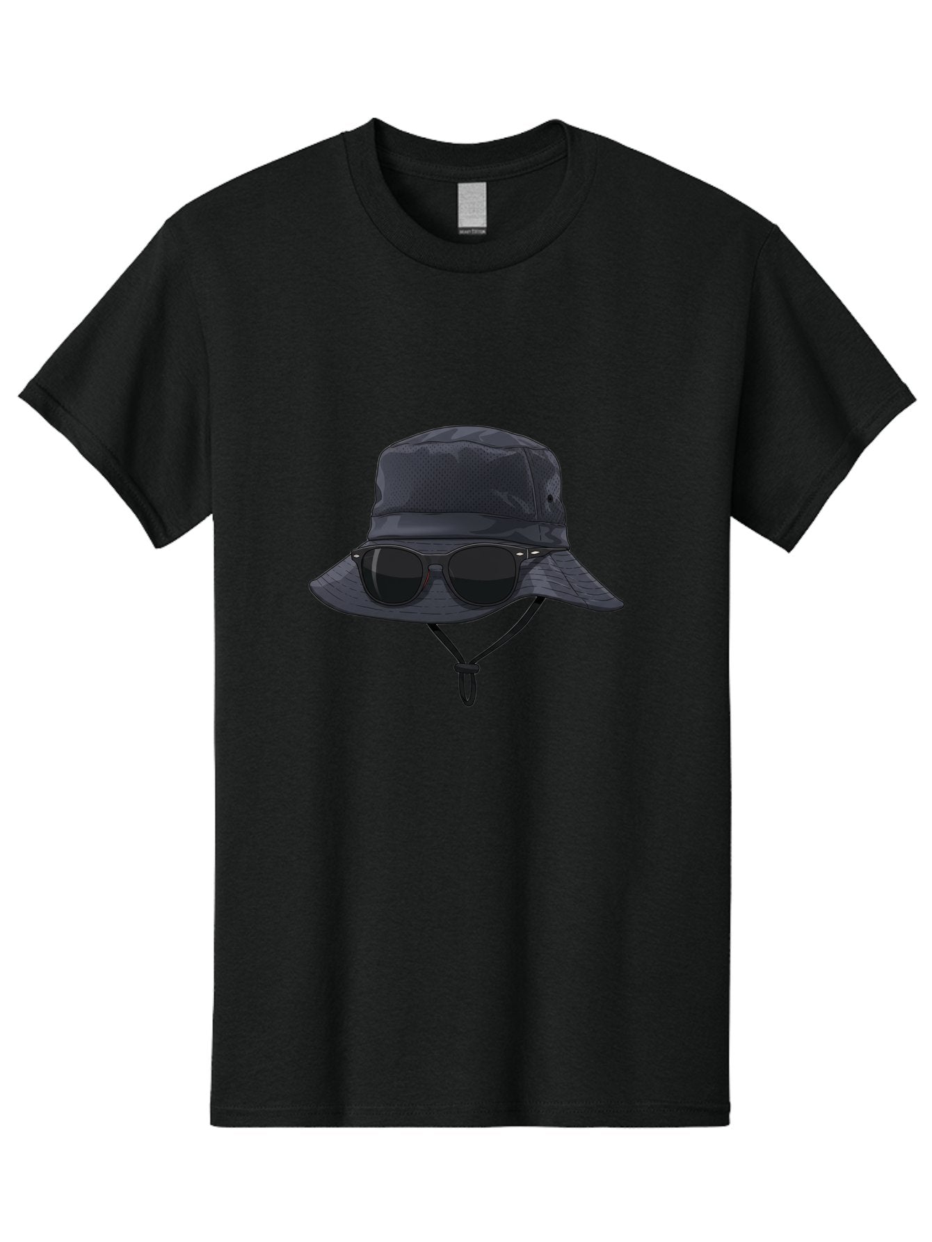 Navy-Blue-Hat-With-Sunglasses Men'S Graphic Tee, 100% Cotton, Comfortable Casual Summer Wear, Machine Washable, Bucket Hat, Black Sunglasses, Outdoor Fashion, Sun Protection, Stylish Accessories, Trendy Apparel, Travel Gear, Outdoor Enthusiast Bad357