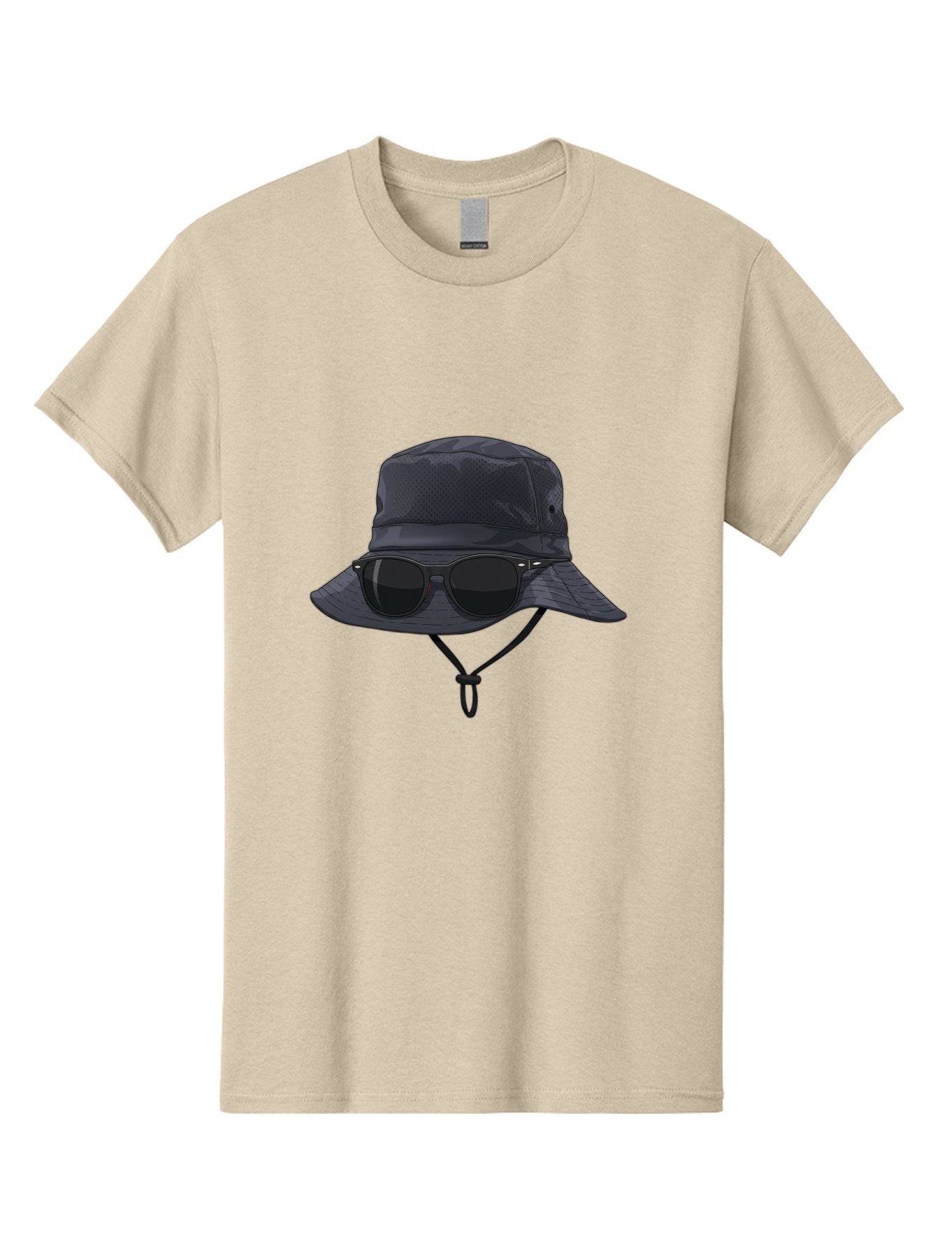 Navy-Blue-Hat-With-Sunglasses Men'S Graphic Tee, 100% Cotton, Comfortable Casual Summer Wear, Machine Washable, Bucket Hat, Black Sunglasses, Outdoor Fashion, Sun Protection, Stylish Accessories, Trendy Apparel, Travel Gear, Outdoor Enthusiast Bad357