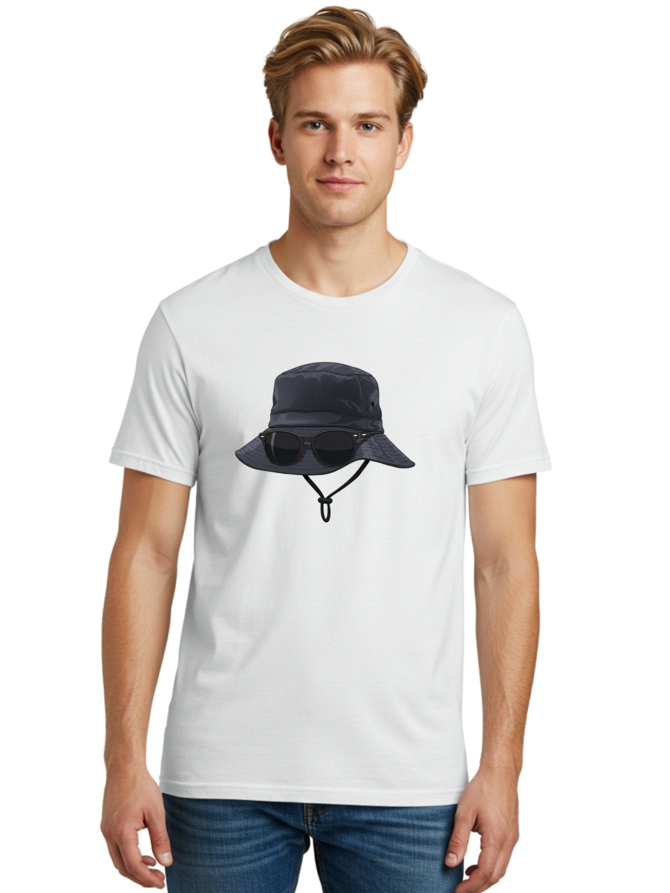 Navy-Blue-Hat-With-Sunglasses Men'S Graphic Tee, 100% Cotton, Comfortable Casual Summer Wear, Machine Washable, Bucket Hat, Black Sunglasses, Outdoor Fashion, Sun Protection, Stylish Accessories, Trendy Apparel, Travel Gear, Outdoor Enthusiast Bad357 28