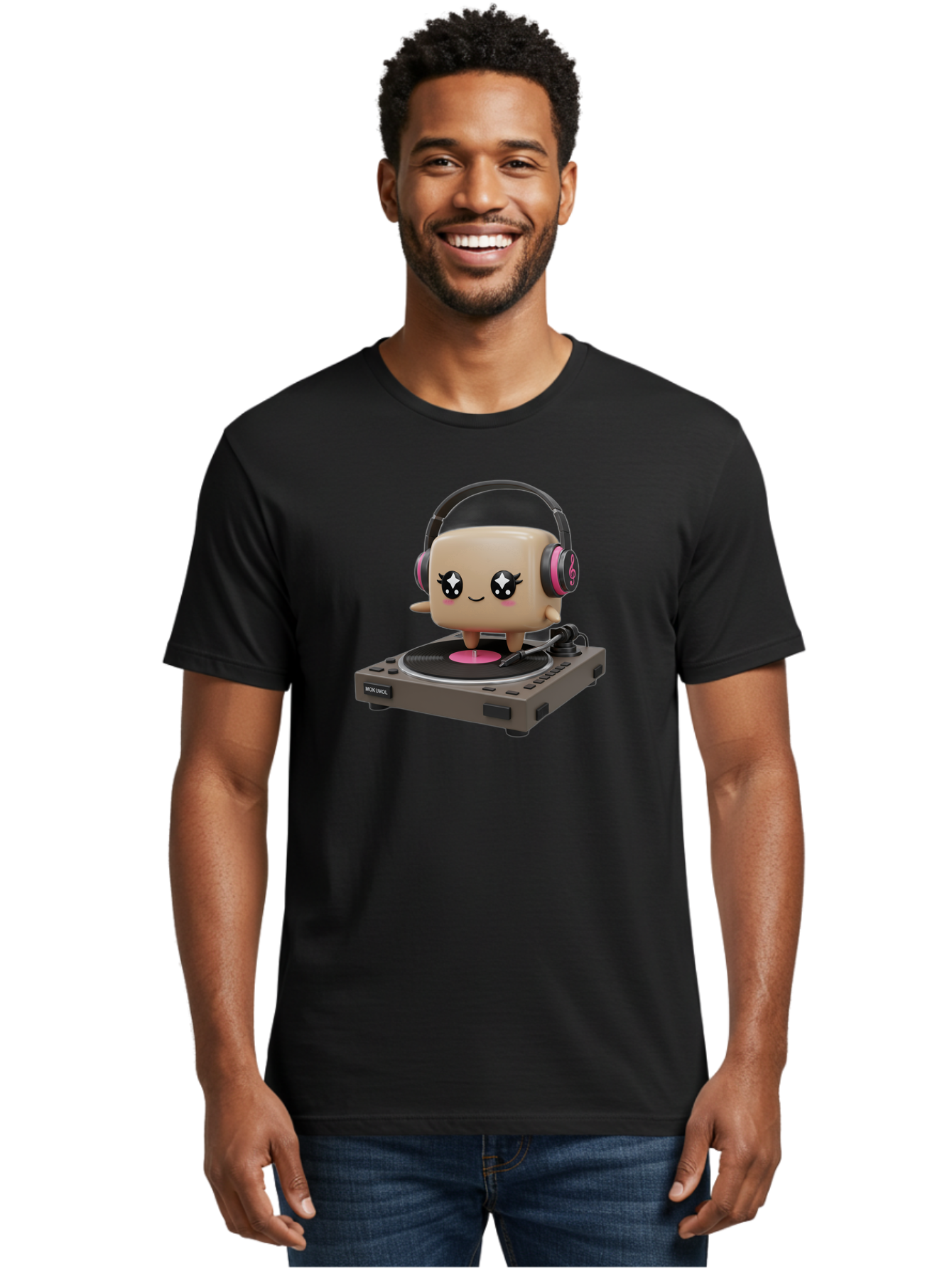 Nendoroid-Dj Men'S Graphic Tee, 100% Cotton, Comfortable Casual Summer Wear, Machine Washable, Vinyl Record Player, Kawaii Character, Robot Dj, Morikoki Brand, Cute Illustration, Pop Culture, Music Lover, Dj Equipment, Retro Style, Fun Design Bad359 24