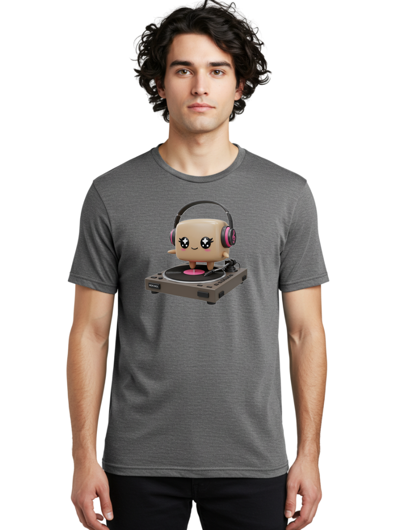Nendoroid-Dj Men'S Graphic Tee, 100% Cotton, Comfortable Casual Summer Wear, Machine Washable, Vinyl Record Player, Kawaii Character, Robot Dj, Morikoki Brand, Cute Illustration, Pop Culture, Music Lover, Dj Equipment, Retro Style, Fun Design Bad359 28