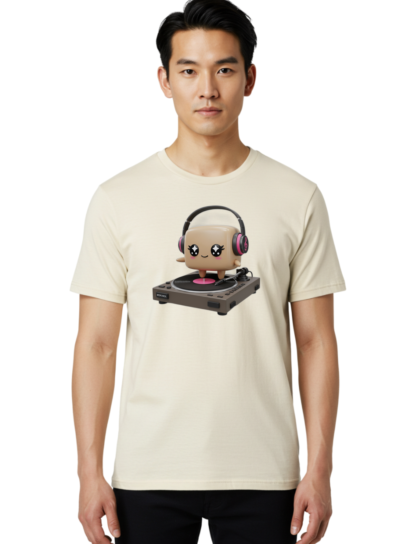 Nendoroid-Dj Men'S Graphic Tee, 100% Cotton, Comfortable Casual Summer Wear, Machine Washable, Vinyl Record Player, Kawaii Character, Robot Dj, Morikoki Brand, Cute Illustration, Pop Culture, Music Lover, Dj Equipment, Retro Style, Fun Design Bad359 19