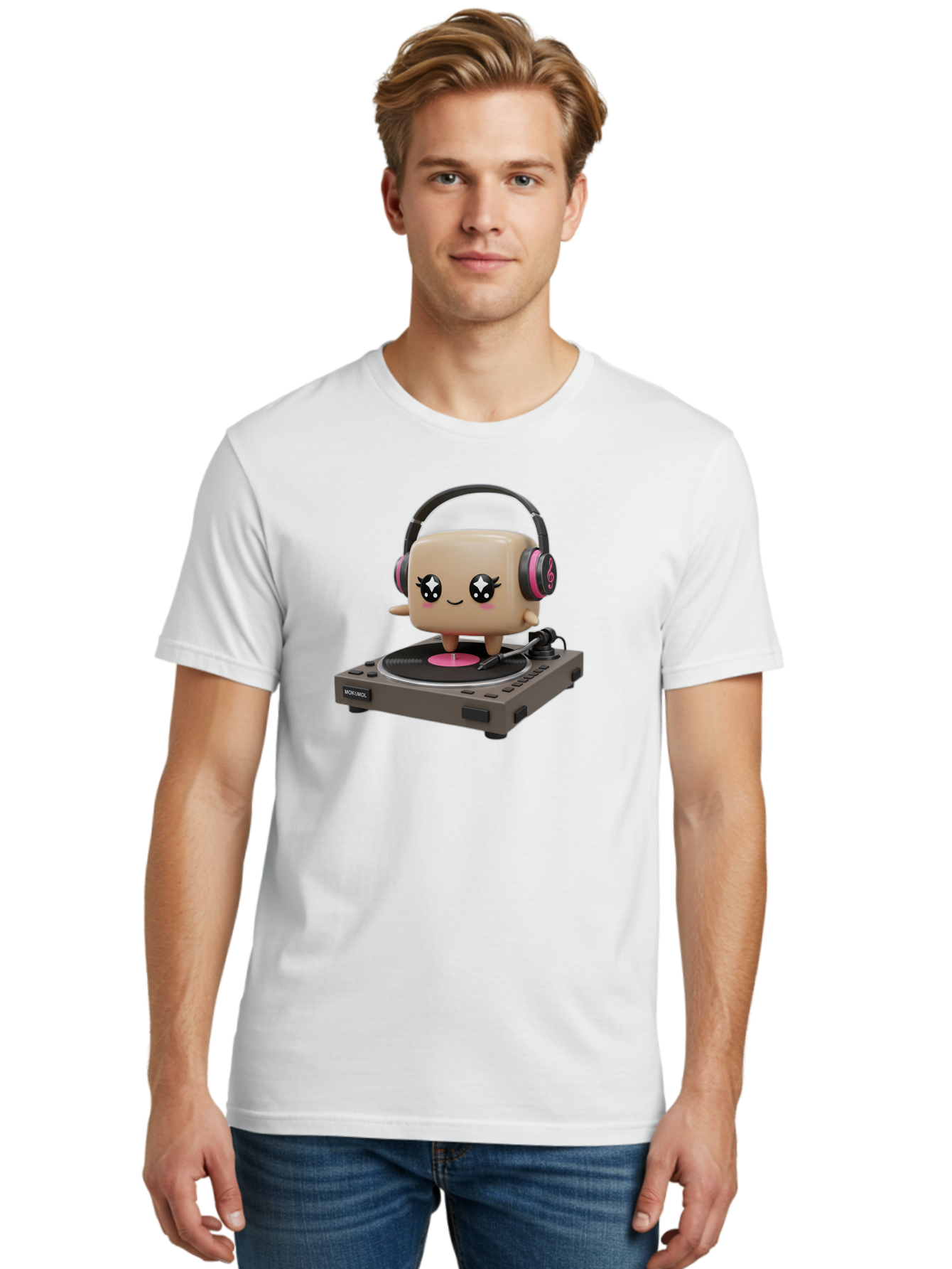 Nendoroid-Dj Men'S Graphic Tee, 100% Cotton, Comfortable Casual Summer Wear, Machine Washable, Vinyl Record Player, Kawaii Character, Robot Dj, Morikoki Brand, Cute Illustration, Pop Culture, Music Lover, Dj Equipment, Retro Style, Fun Design Bad359 18