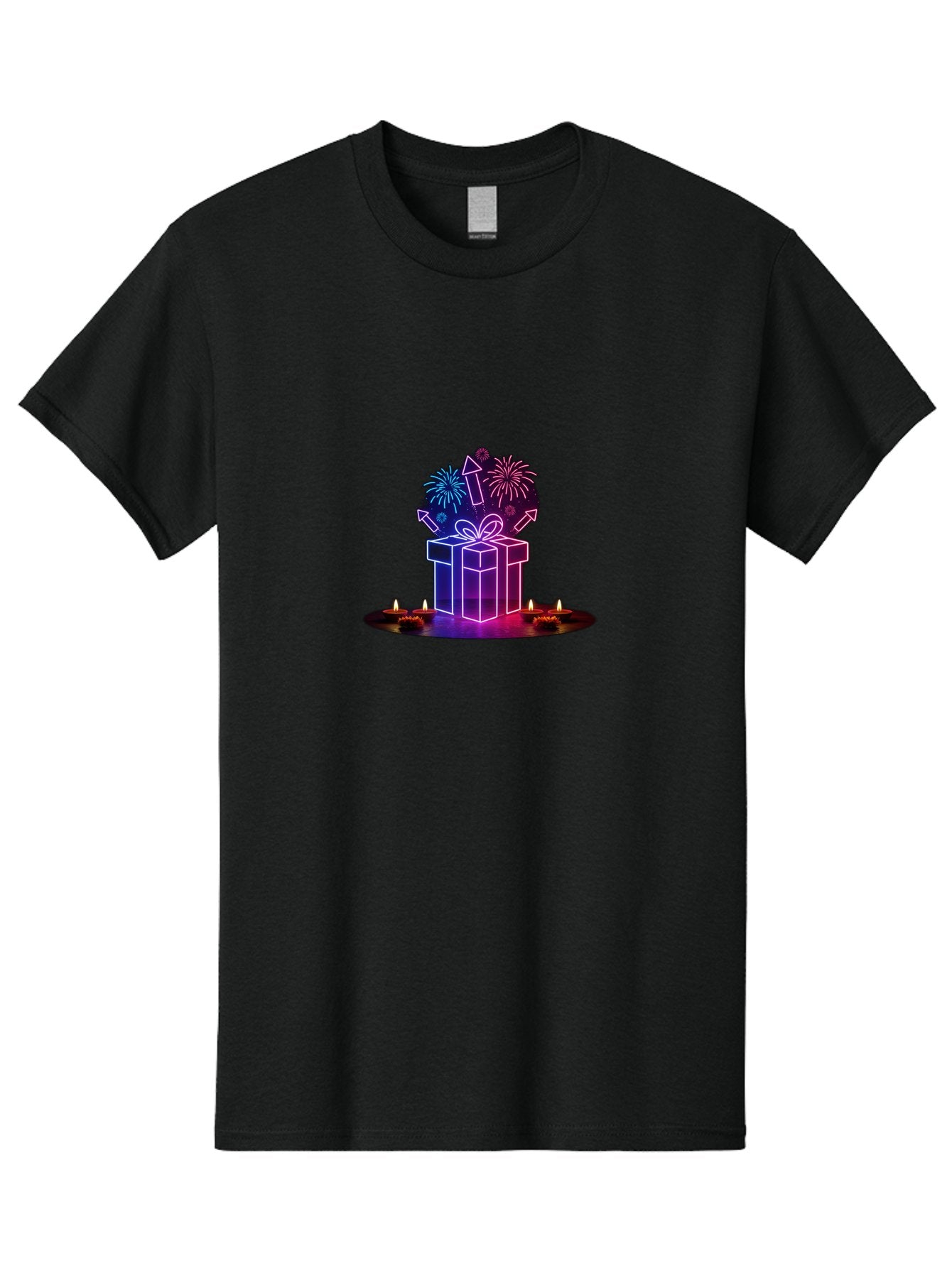 Neon-Gift-Box Men'S Graphic Tee, 100% Cotton, Comfortable Casual Summer Wear, Machine Washable, Neon Gift Box, Fireworks Explosion, Celebratory Theme, Purple And Pink Hues, Glowing Candles, Festive Atmosphere, Party Decoration, Bad361 8