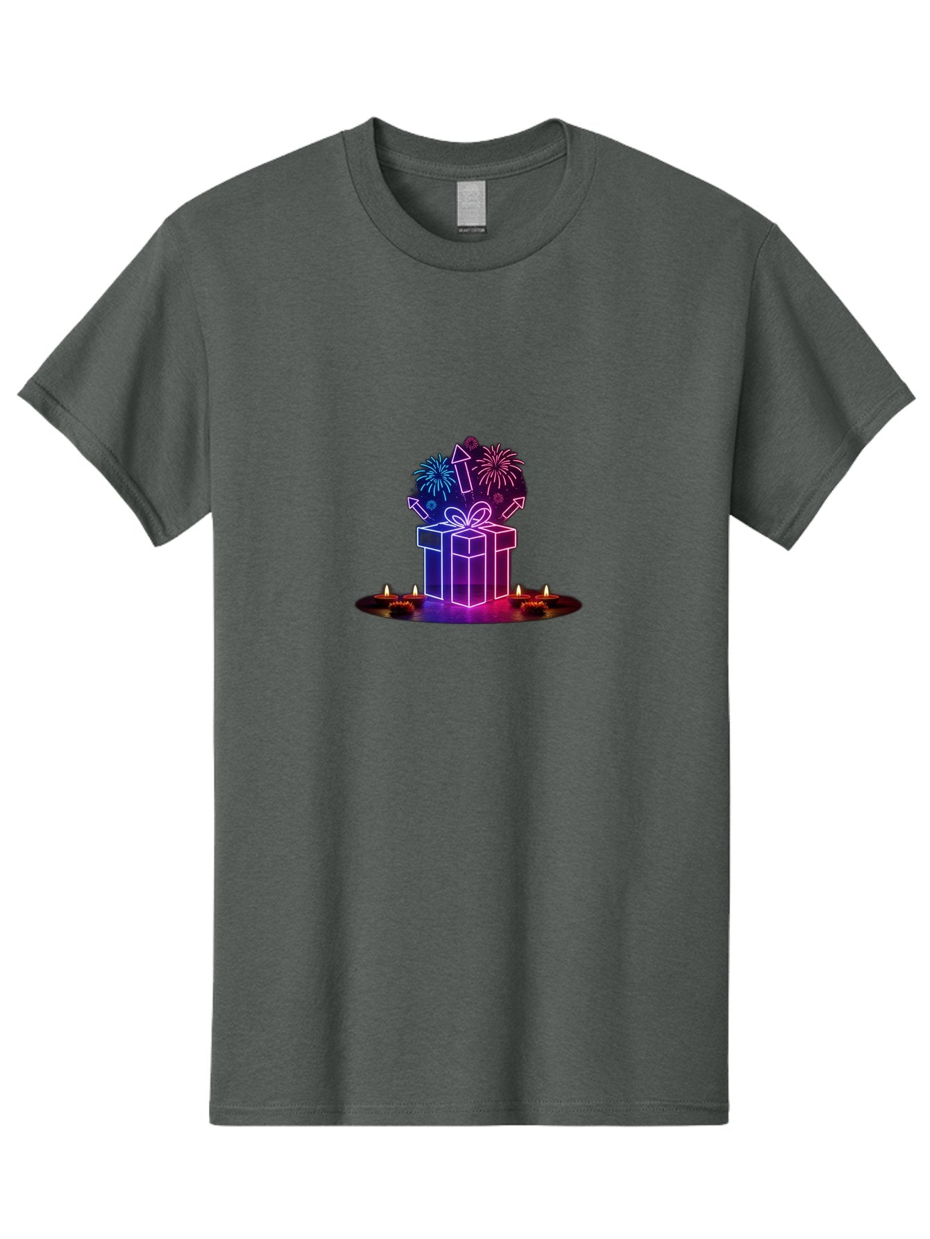 Neon-Gift-Box Men'S Graphic Tee, 100% Cotton, Comfortable Casual Summer Wear, Machine Washable, Neon Gift Box, Fireworks Explosion, Celebratory Theme, Purple And Pink Hues, Glowing Candles, Festive Atmosphere, Party Decoration, Bad361 11