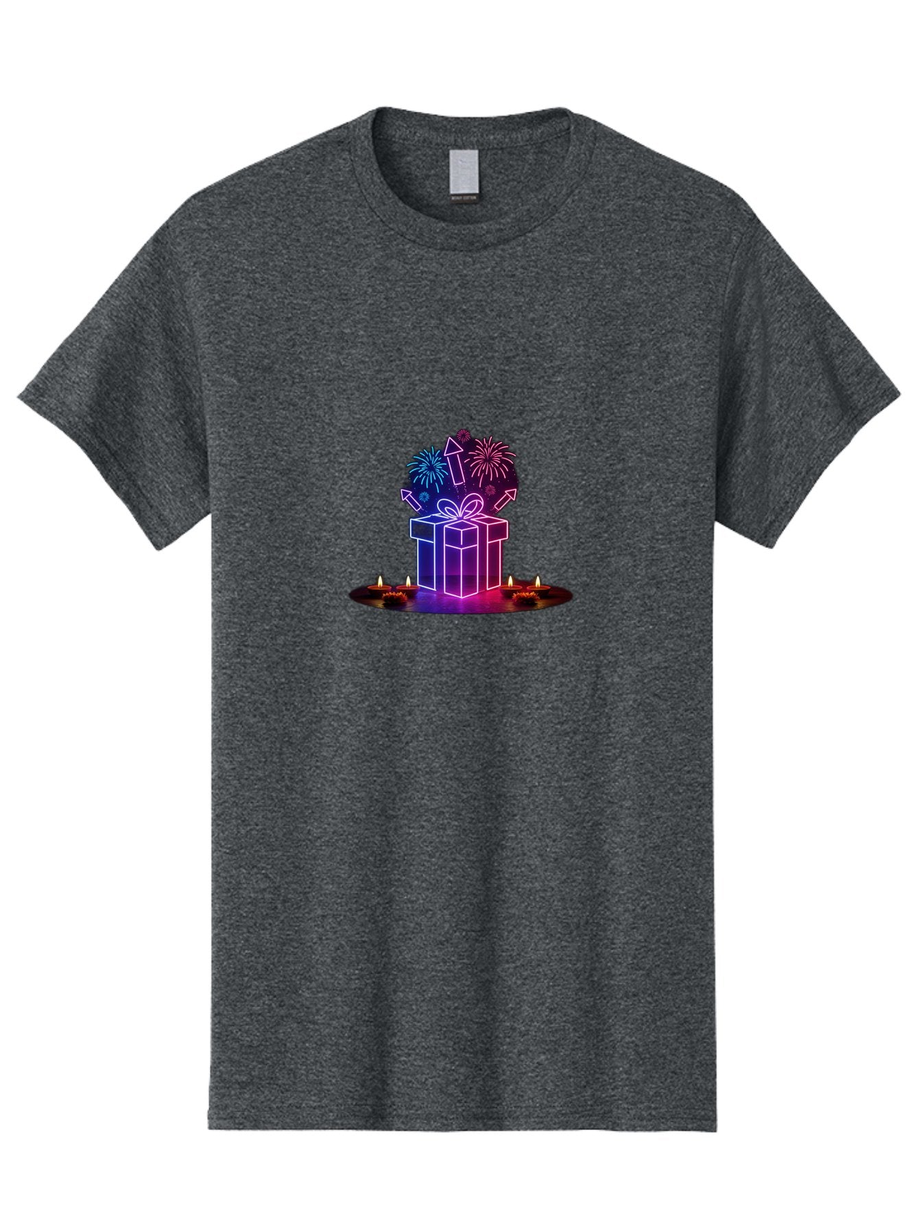 Neon-Gift-Box Men'S Graphic Tee, 100% Cotton, Comfortable Casual Summer Wear, Machine Washable, Neon Gift Box, Fireworks Explosion, Celebratory Theme, Purple And Pink Hues, Glowing Candles, Festive Atmosphere, Party Decoration, Bad361 15