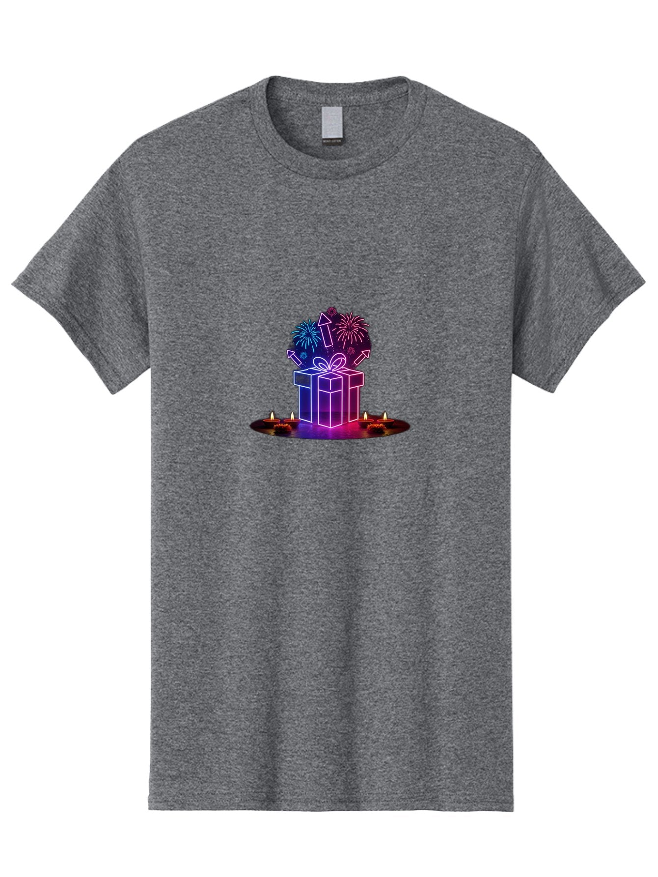 Neon-Gift-Box Men'S Graphic Tee, 100% Cotton, Comfortable Casual Summer Wear, Machine Washable, Neon Gift Box, Fireworks Explosion, Celebratory Theme, Purple And Pink Hues, Glowing Candles, Festive Atmosphere, Party Decoration, Bad361 10