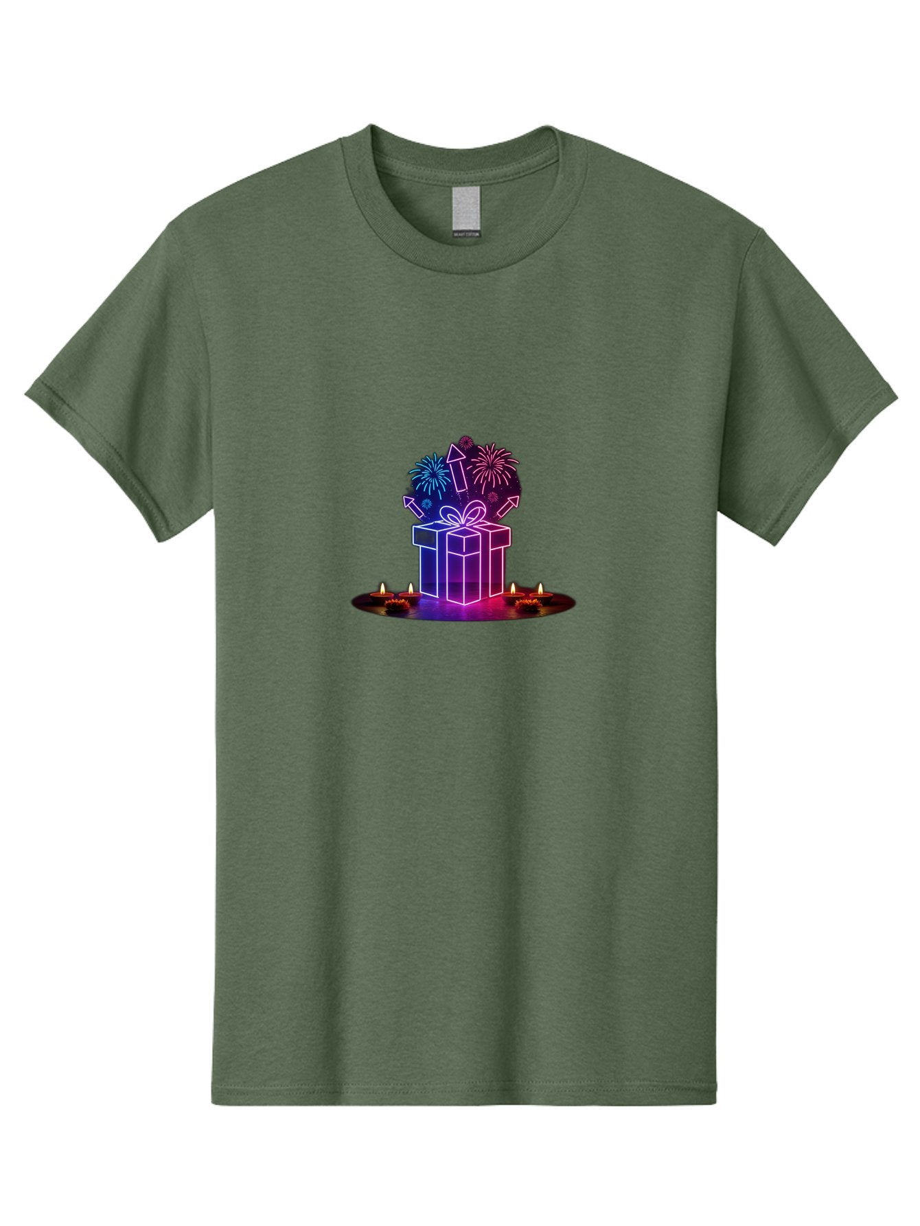 Neon-Gift-Box Men'S Graphic Tee, 100% Cotton, Comfortable Casual Summer Wear, Machine Washable, Neon Gift Box, Fireworks Explosion, Celebratory Theme, Purple And Pink Hues, Glowing Candles, Festive Atmosphere, Party Decoration, Bad361 3