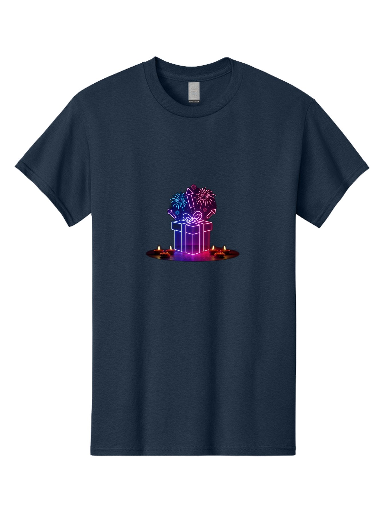Neon-Gift-Box Men'S Graphic Tee, 100% Cotton, Comfortable Casual Summer Wear, Machine Washable, Neon Gift Box, Fireworks Explosion, Celebratory Theme, Purple And Pink Hues, Glowing Candles, Festive Atmosphere, Party Decoration, Bad361 14