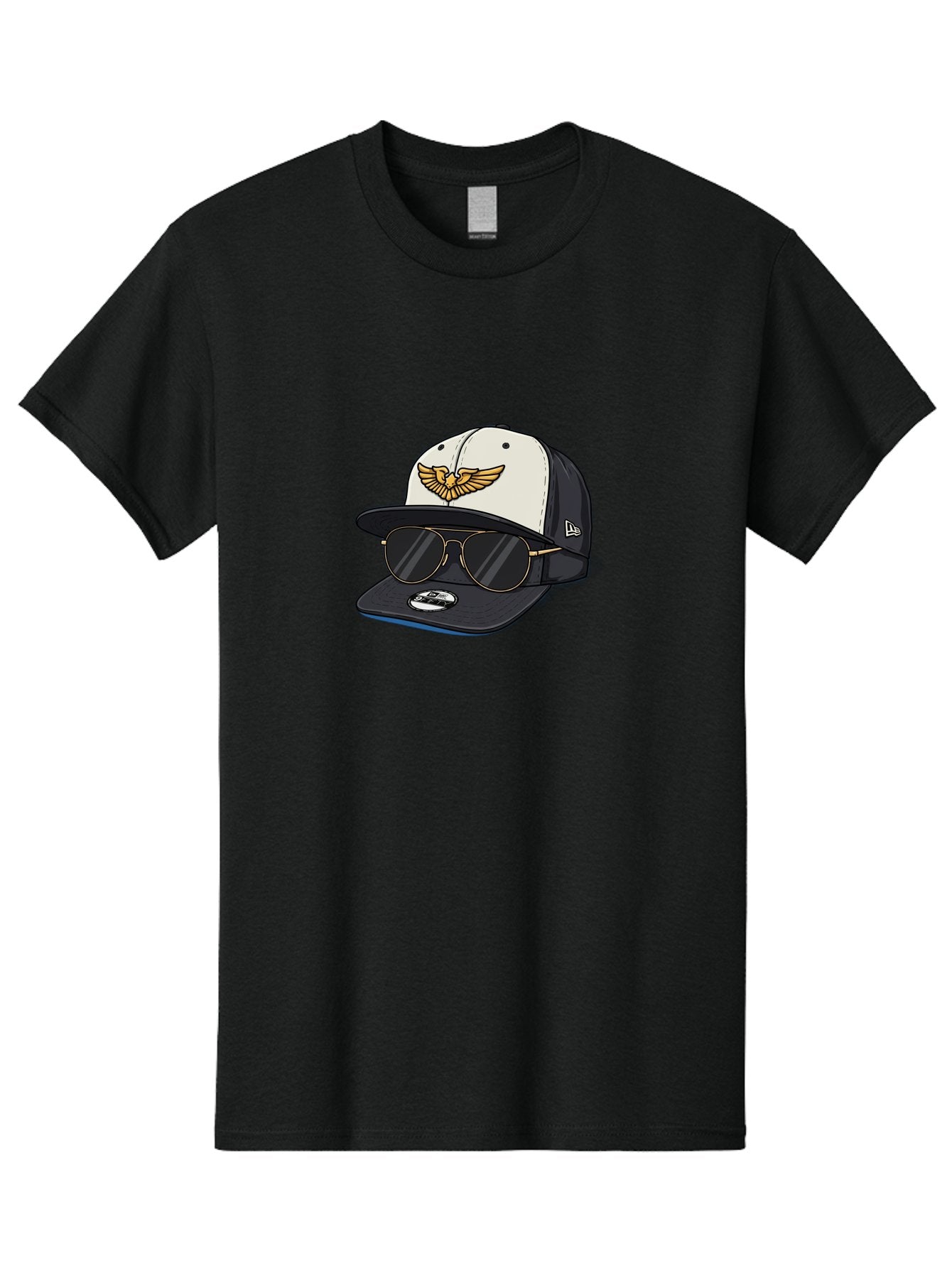 New-Era-Baseball-Cap-1 Men'S Graphic Tee, 100% Cotton, Comfortable Casual Summer Wear, Machine Washable, Baseball Cap, New Era Logo, Gold Eagle Emblem, Sunglasses, Gold Aviators, Stylish Accessories, Fashion Hat, Casual Wear, Streetwear, Bad364 10