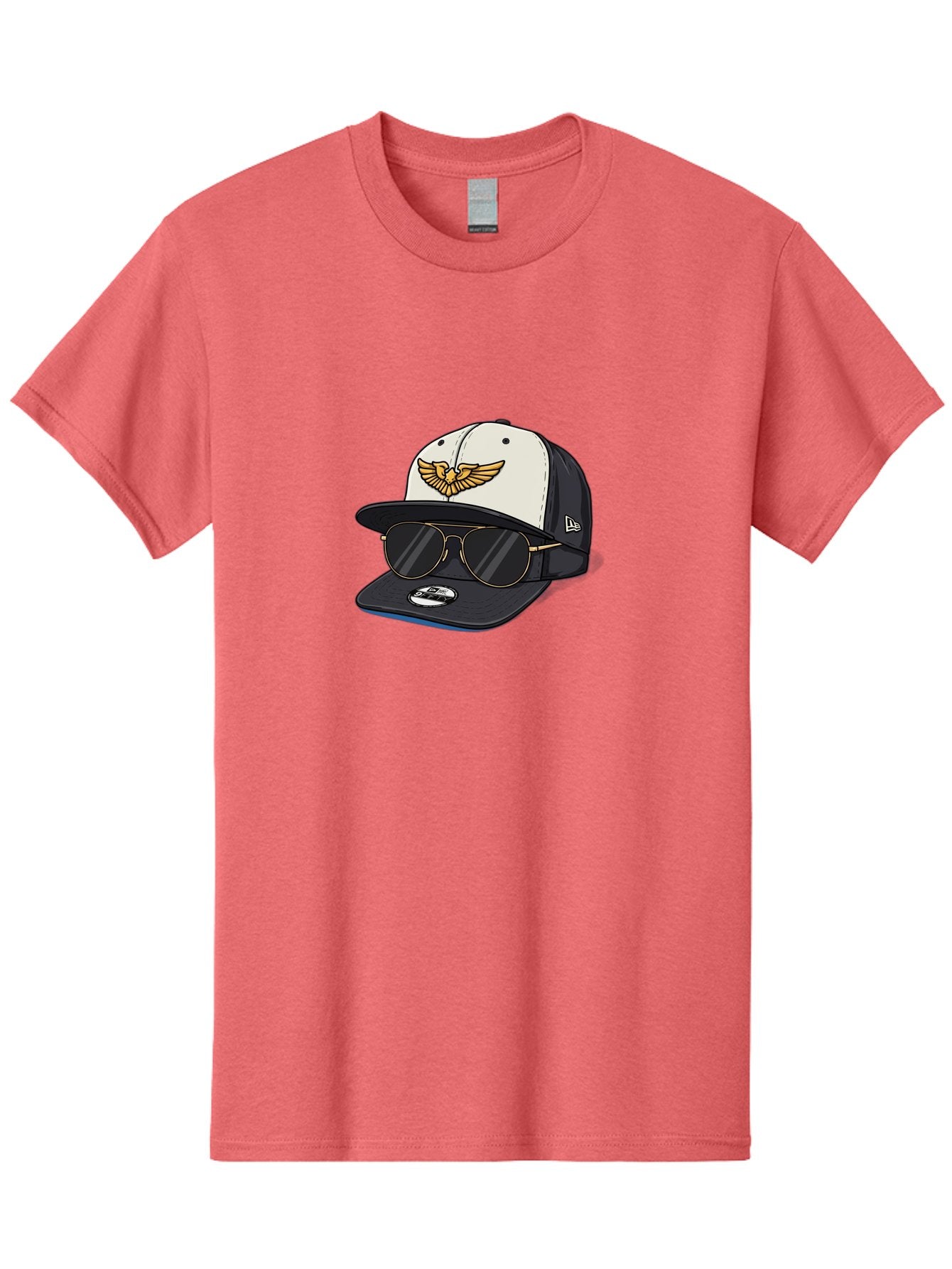 New-Era-Baseball-Cap-1 Men'S Graphic Tee, 100% Cotton, Comfortable Casual Summer Wear, Machine Washable, Baseball Cap, New Era Logo, Gold Eagle Emblem, Sunglasses, Gold Aviators, Stylish Accessories, Fashion Hat, Casual Wear, Streetwear, Bad364