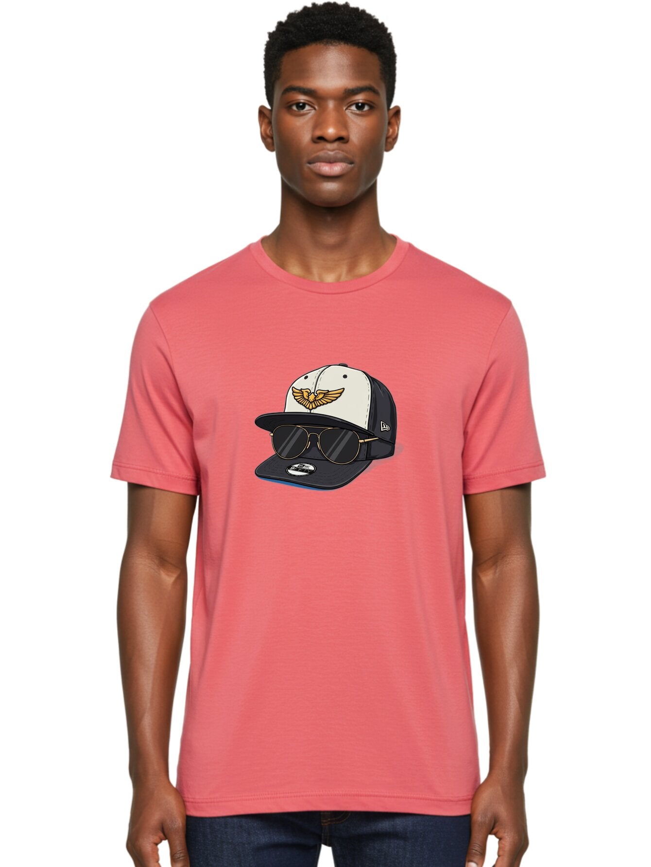 New-Era-Baseball-Cap-1 Men'S Graphic Tee, 100% Cotton, Comfortable Casual Summer Wear, Machine Washable, Baseball Cap, New Era Logo, Gold Eagle Emblem, Sunglasses, Gold Aviators, Stylish Accessories, Fashion Hat, Casual Wear, Streetwear, Bad364 19