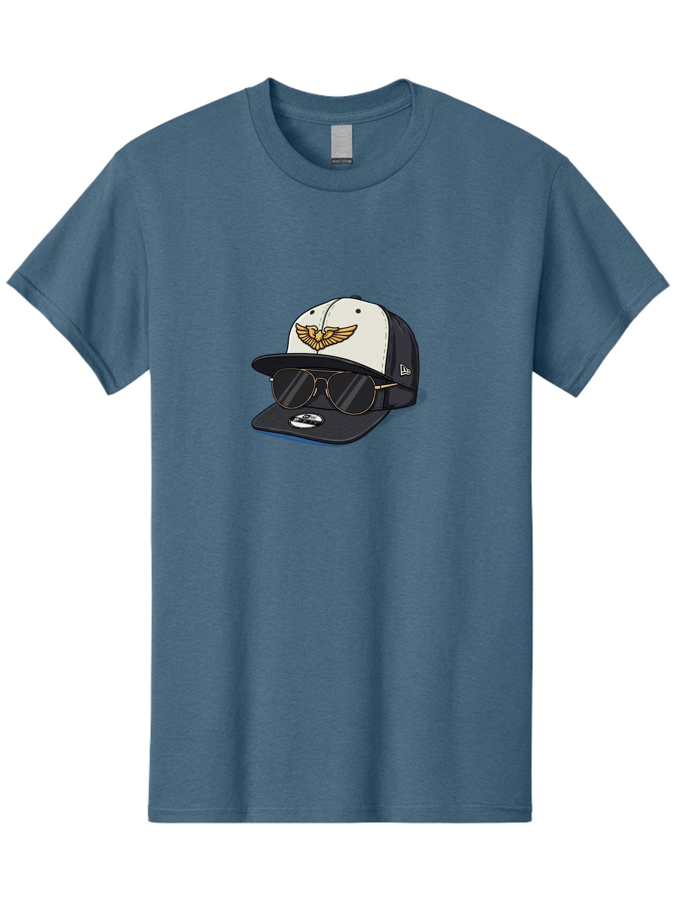 New-Era-Baseball-Cap-1 Men'S Graphic Tee, 100% Cotton, Comfortable Casual Summer Wear, Machine Washable, Baseball Cap, New Era Logo, Gold Eagle Emblem, Sunglasses, Gold Aviators, Stylish Accessories, Fashion Hat, Casual Wear, Streetwear, Bad364