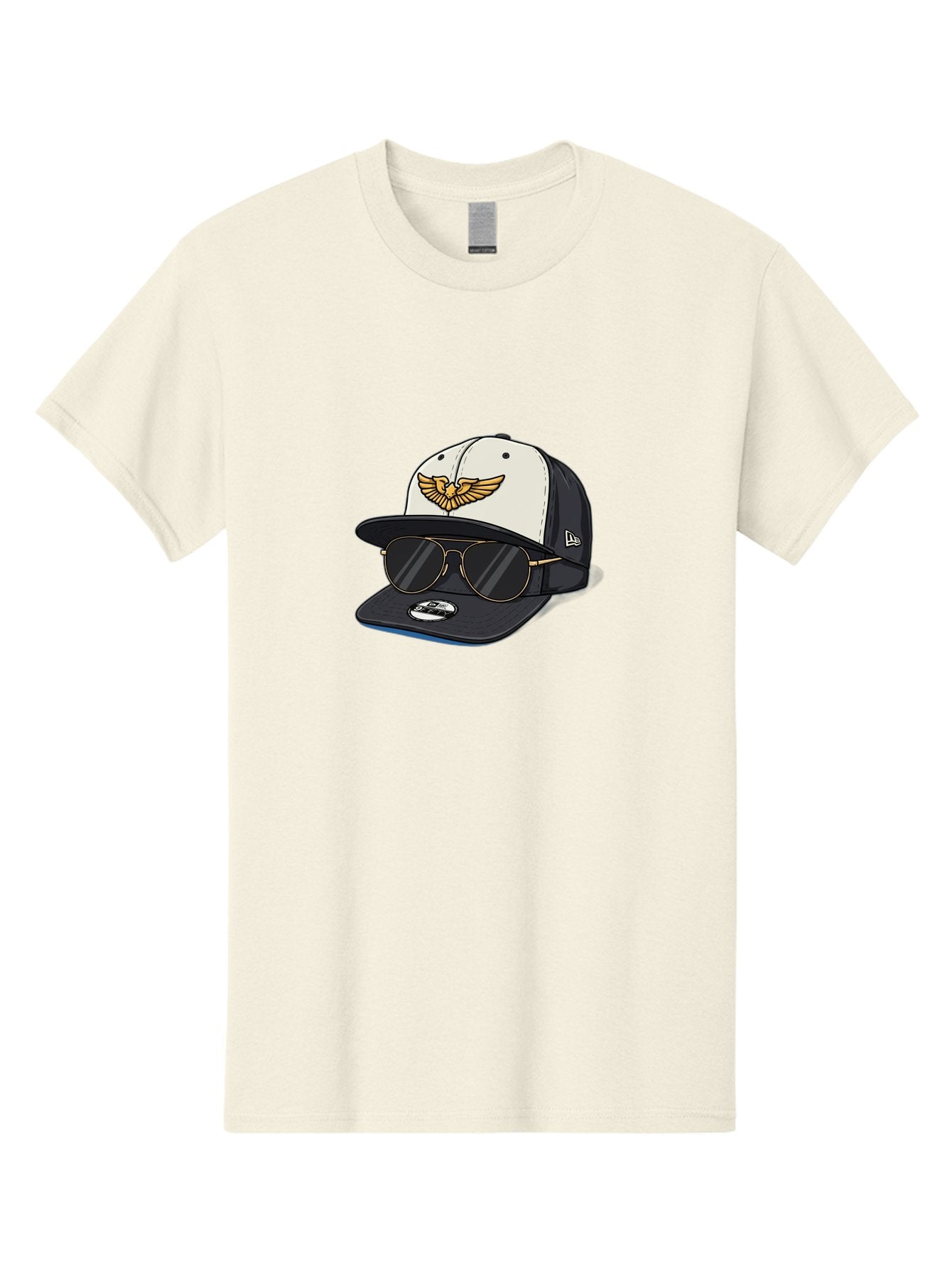 New-Era-Baseball-Cap-1 Men'S Graphic Tee, 100% Cotton, Comfortable Casual Summer Wear, Machine Washable, Baseball Cap, New Era Logo, Gold Eagle Emblem, Sunglasses, Gold Aviators, Stylish Accessories, Fashion Hat, Casual Wear, Streetwear, Bad364 4