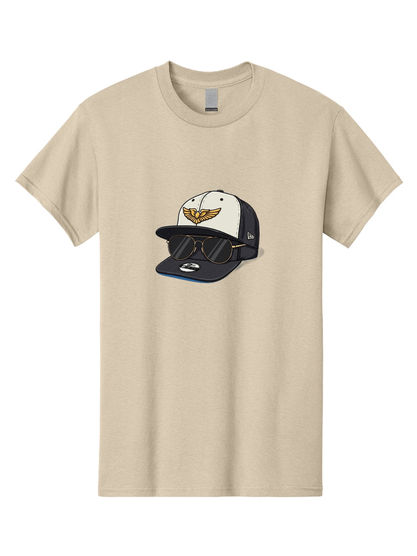 New-Era-Baseball-Cap-1 Men'S Graphic Tee, 100% Cotton, Comfortable Casual Summer Wear, Machine Washable, Baseball Cap, New Era Logo, Gold Eagle Emblem, Sunglasses, Gold Aviators, Stylish Accessories, Fashion Hat, Casual Wear, Streetwear, Bad364 11