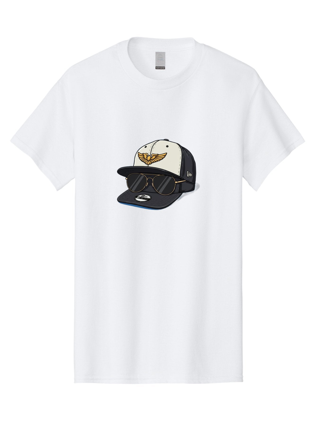 New-Era-Baseball-Cap-1 Men'S Graphic Tee, 100% Cotton, Comfortable Casual Summer Wear, Machine Washable, Baseball Cap, New Era Logo, Gold Eagle Emblem, Sunglasses, Gold Aviators, Stylish Accessories, Fashion Hat, Casual Wear, Streetwear, Bad364 15