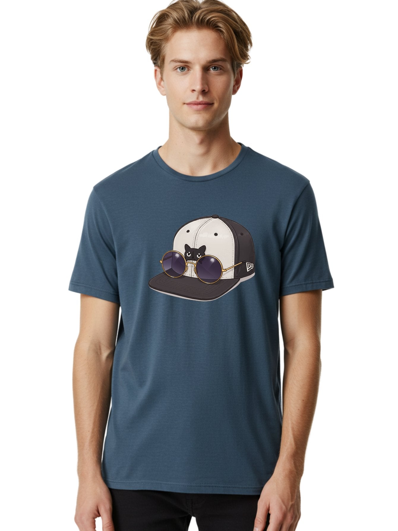 New-Era-Baseball-Cap Men'S Graphic Tee, 100% Cotton, Comfortable Casual Summer Wear, Machine Washable, Black And White Baseball Cap, New Era Logo, Cool Cat Design, Gold Aviator Sunglasses, Trendy Fashion Accessory, Stylish Hat, Bad365 17