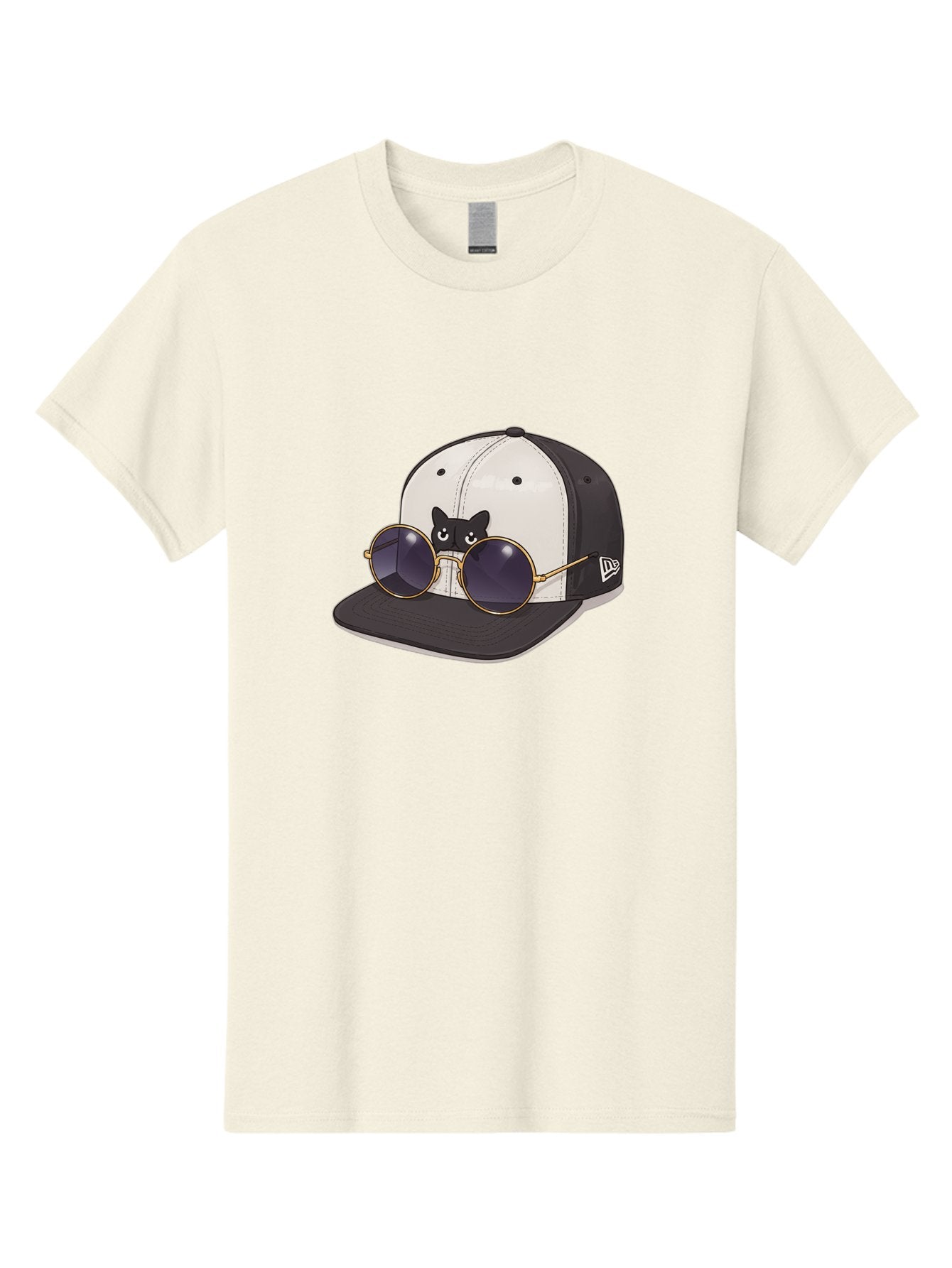 New-Era-Baseball-Cap Men'S Graphic Tee, 100% Cotton, Comfortable Casual Summer Wear, Machine Washable, Black And White Baseball Cap, New Era Logo, Cool Cat Design, Gold Aviator Sunglasses, Trendy Fashion Accessory, Stylish Hat, Bad365 14