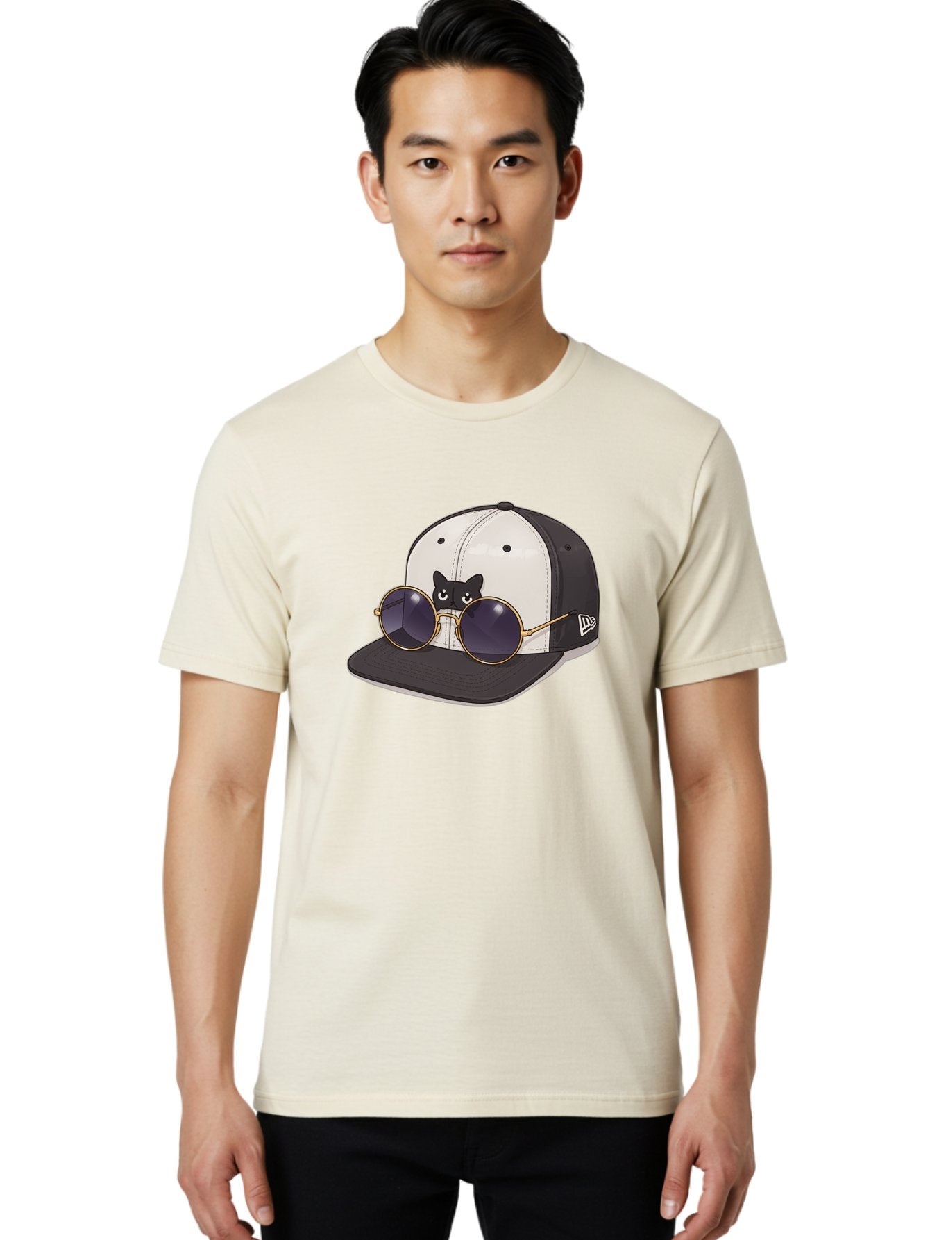 New-Era-Baseball-Cap Men'S Graphic Tee, 100% Cotton, Comfortable Casual Summer Wear, Machine Washable, Black And White Baseball Cap, New Era Logo, Cool Cat Design, Gold Aviator Sunglasses, Trendy Fashion Accessory, Stylish Hat, Bad365 29