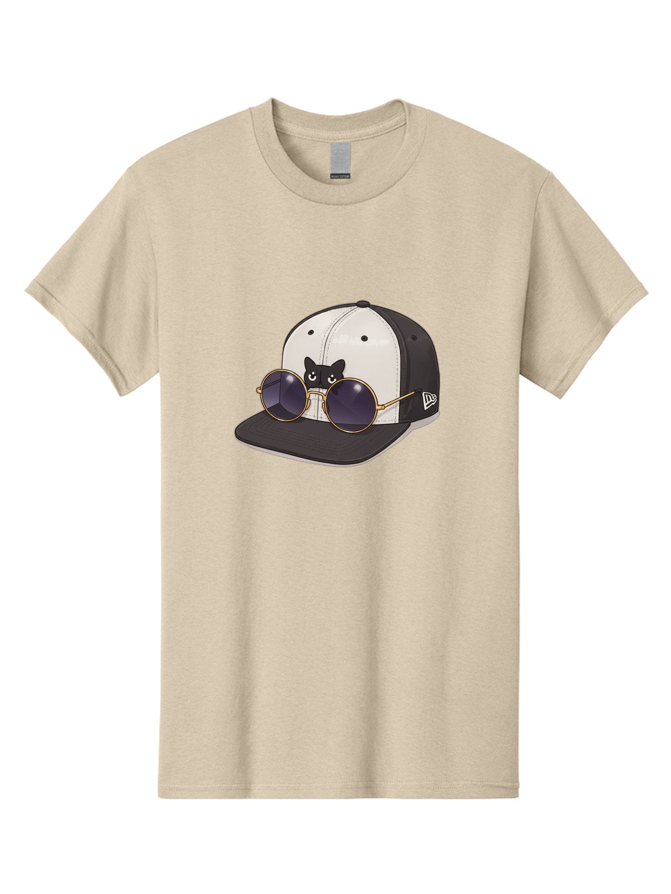 New-Era-Baseball-Cap Men'S Graphic Tee, 100% Cotton, Comfortable Casual Summer Wear, Machine Washable, Black And White Baseball Cap, New Era Logo, Cool Cat Design, Gold Aviator Sunglasses, Trendy Fashion Accessory, Stylish Hat, Bad365