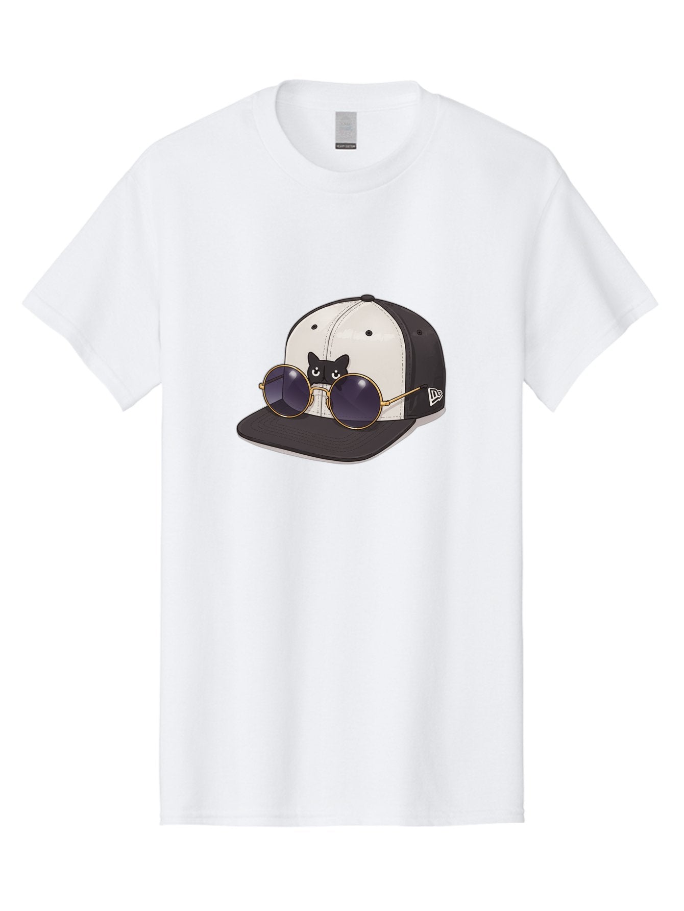 New-Era-Baseball-Cap Men'S Graphic Tee, 100% Cotton, Comfortable Casual Summer Wear, Machine Washable, Black And White Baseball Cap, New Era Logo, Cool Cat Design, Gold Aviator Sunglasses, Trendy Fashion Accessory, Stylish Hat, Bad365 12