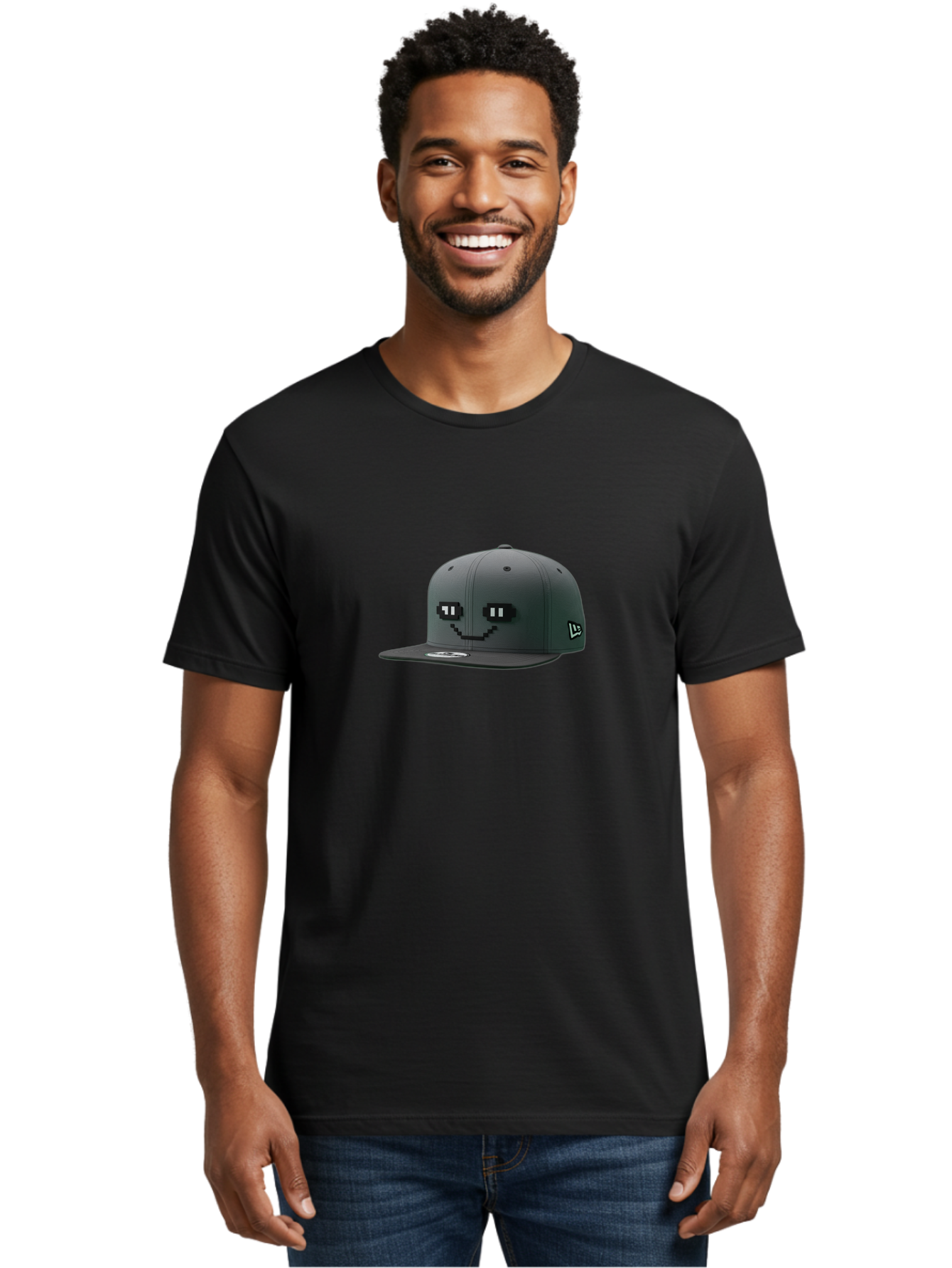 New-Era-Cap-1 Men'S Graphic Tee, 100% Cotton, Comfortable Casual Summer Wear, Machine Washable, Black Snapback Hat, Pac-Man Design, Pixel Art, Gaming Accessory, Streetwear Fashion, Trendy Apparel, Casual Wear, Black Cap Bad366 16