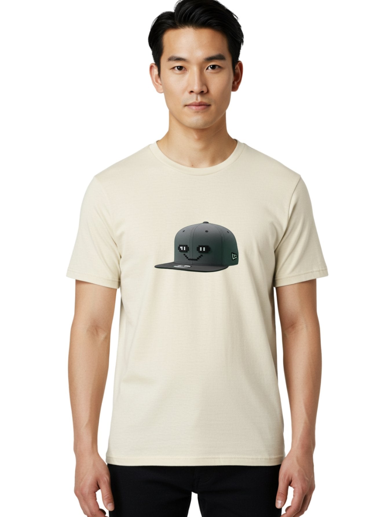 New-Era-Cap-1 Men'S Graphic Tee, 100% Cotton, Comfortable Casual Summer Wear, Machine Washable, Black Snapback Hat, Pac-Man Design, Pixel Art, Gaming Accessory, Streetwear Fashion, Trendy Apparel, Casual Wear, Black Cap Bad366 24