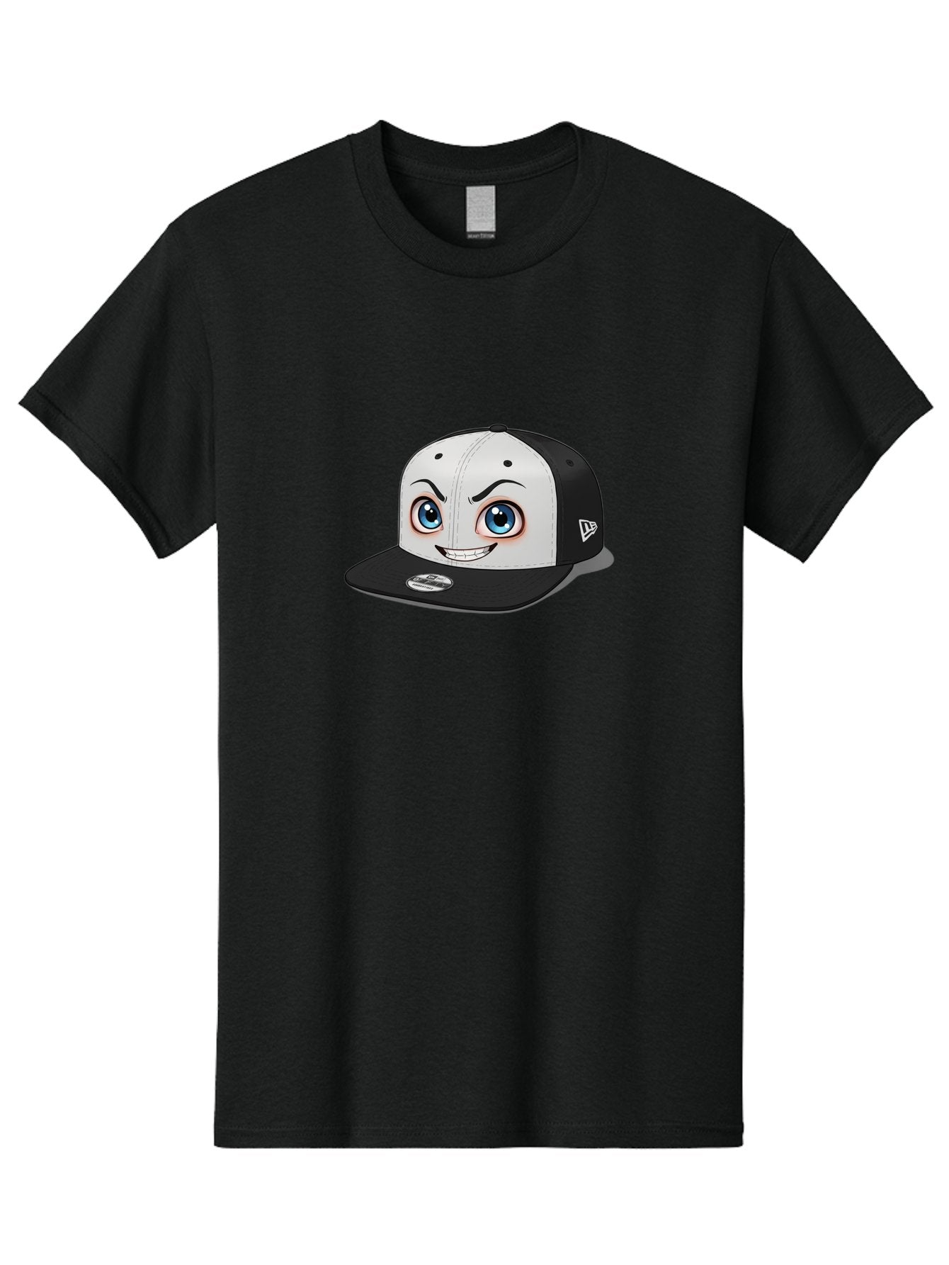 New-Era-Cap-2 Men'S Graphic Tee, 100% Cotton, Comfortable Casual Summer Wear, Machine Washable, Black And White Baseball Cap, Cartoon-Style Face On Front, Blue Eyes, Eyebrows, Smile, New Era Logo On Side, Trendy Accessories, Bad367 8