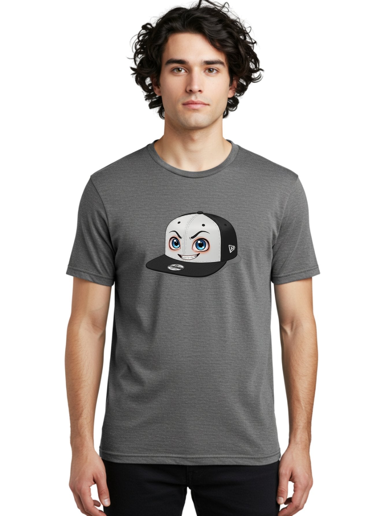 New-Era-Cap-2 Men'S Graphic Tee, 100% Cotton, Comfortable Casual Summer Wear, Machine Washable, Black And White Baseball Cap, Cartoon-Style Face On Front, Blue Eyes, Eyebrows, Smile, New Era Logo On Side, Trendy Accessories, Bad367 18