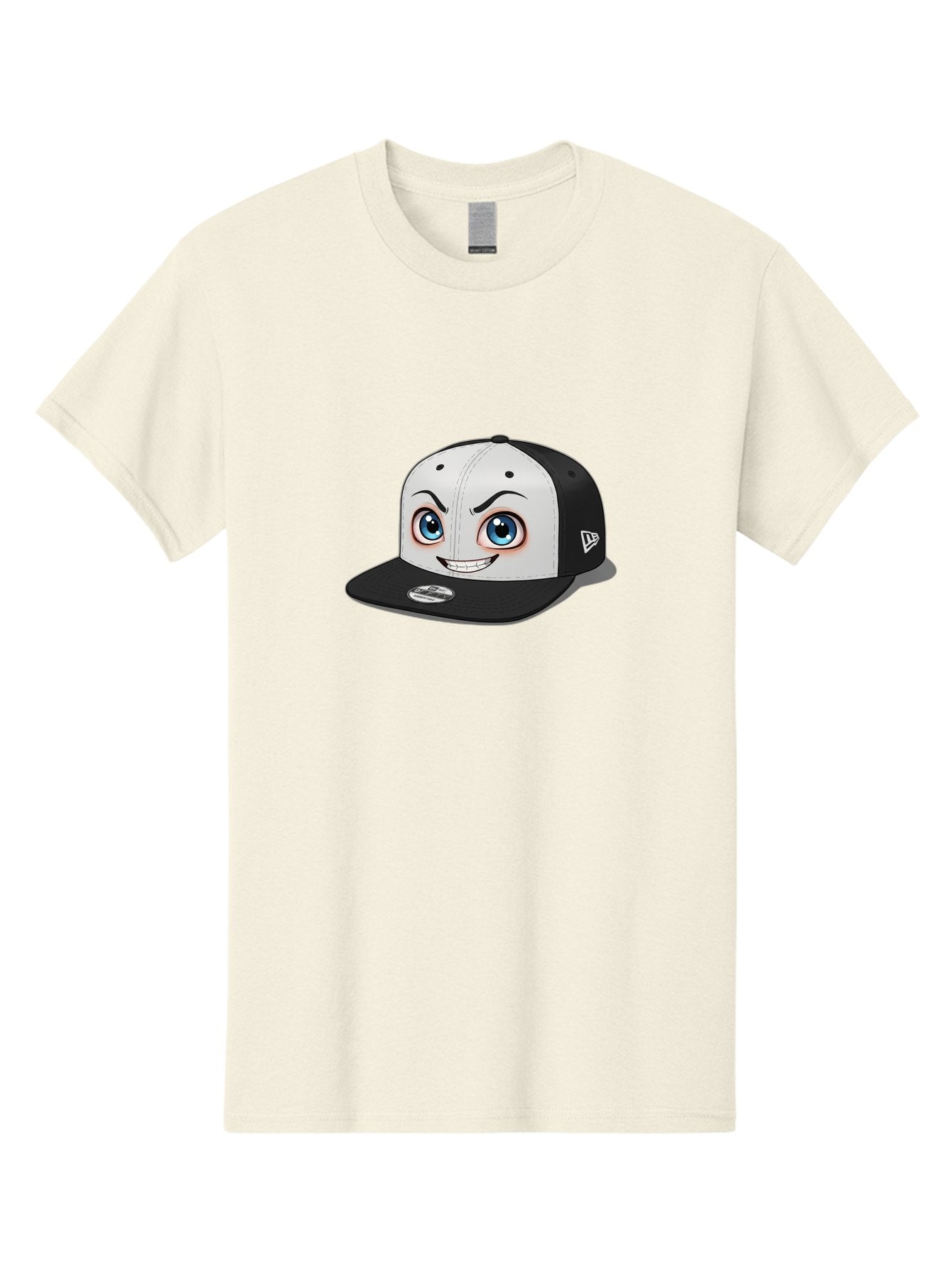 New-Era-Cap-2 Men'S Graphic Tee, 100% Cotton, Comfortable Casual Summer Wear, Machine Washable, Black And White Baseball Cap, Cartoon-Style Face On Front, Blue Eyes, Eyebrows, Smile, New Era Logo On Side, Trendy Accessories, Bad367 5